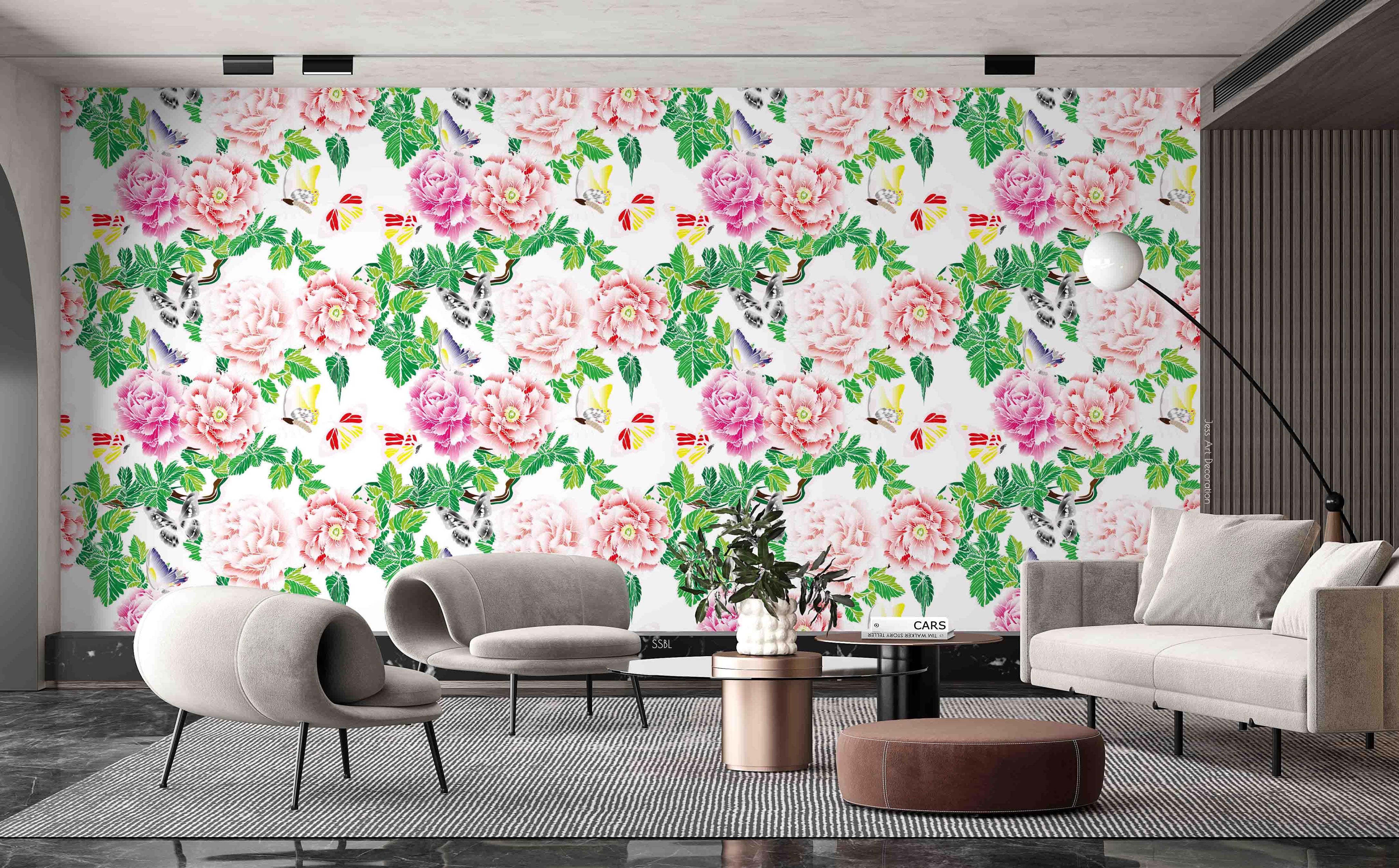 3D Vintage Blooming Pink Peony Green Leaves Pattern Wall Mural Wallpaper GD 3668- Jess Art Decoration