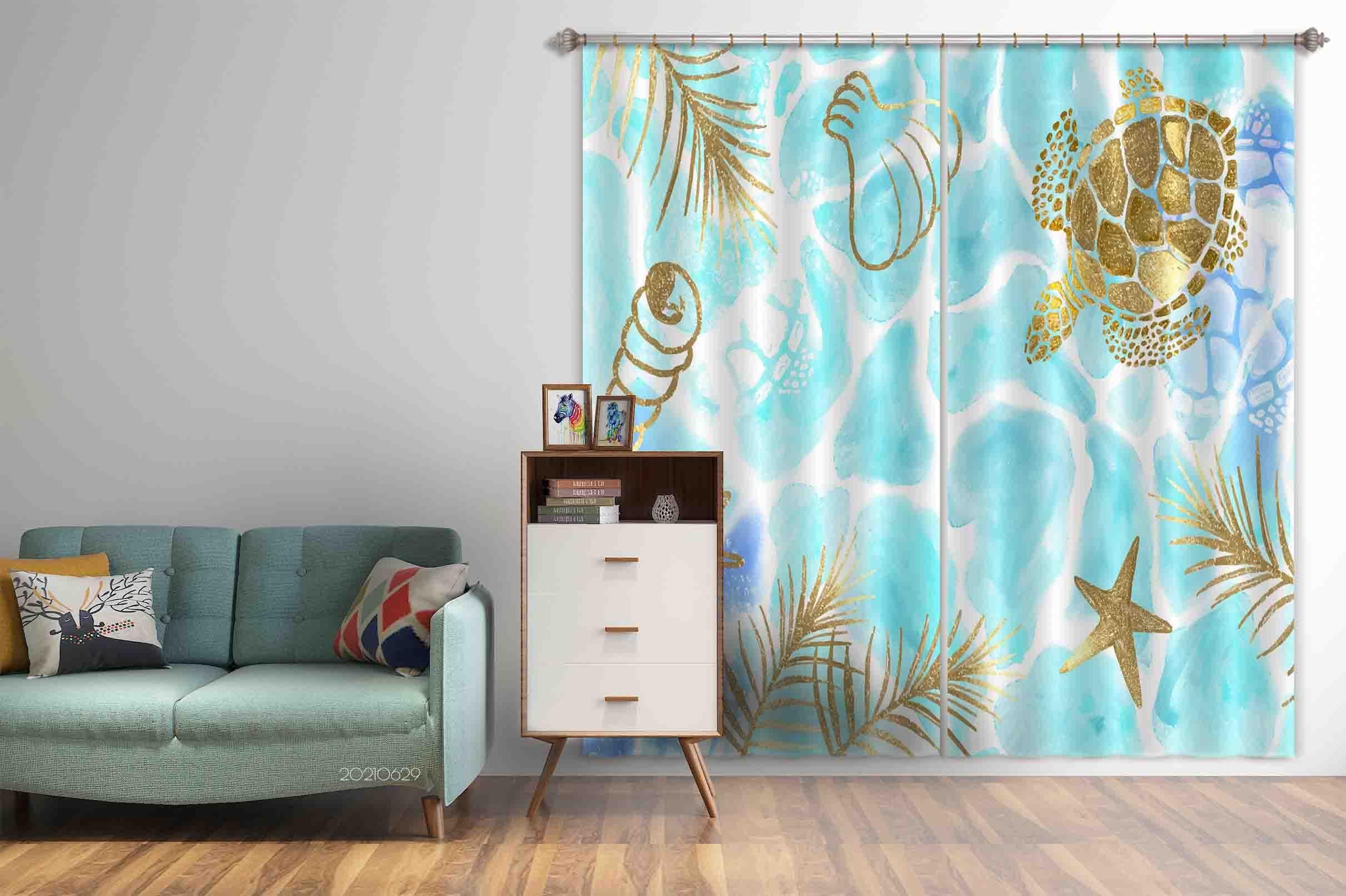 3D Watercolor Sea Turtle Shell Starfish Conch Golden Curtains and Drapes LLL 378- Jess Art Decoration