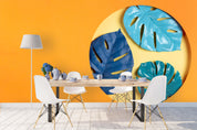 3D Blue Palm Leaves Orange Background Wall Mural Wallpaper 49- Jess Art Decoration
