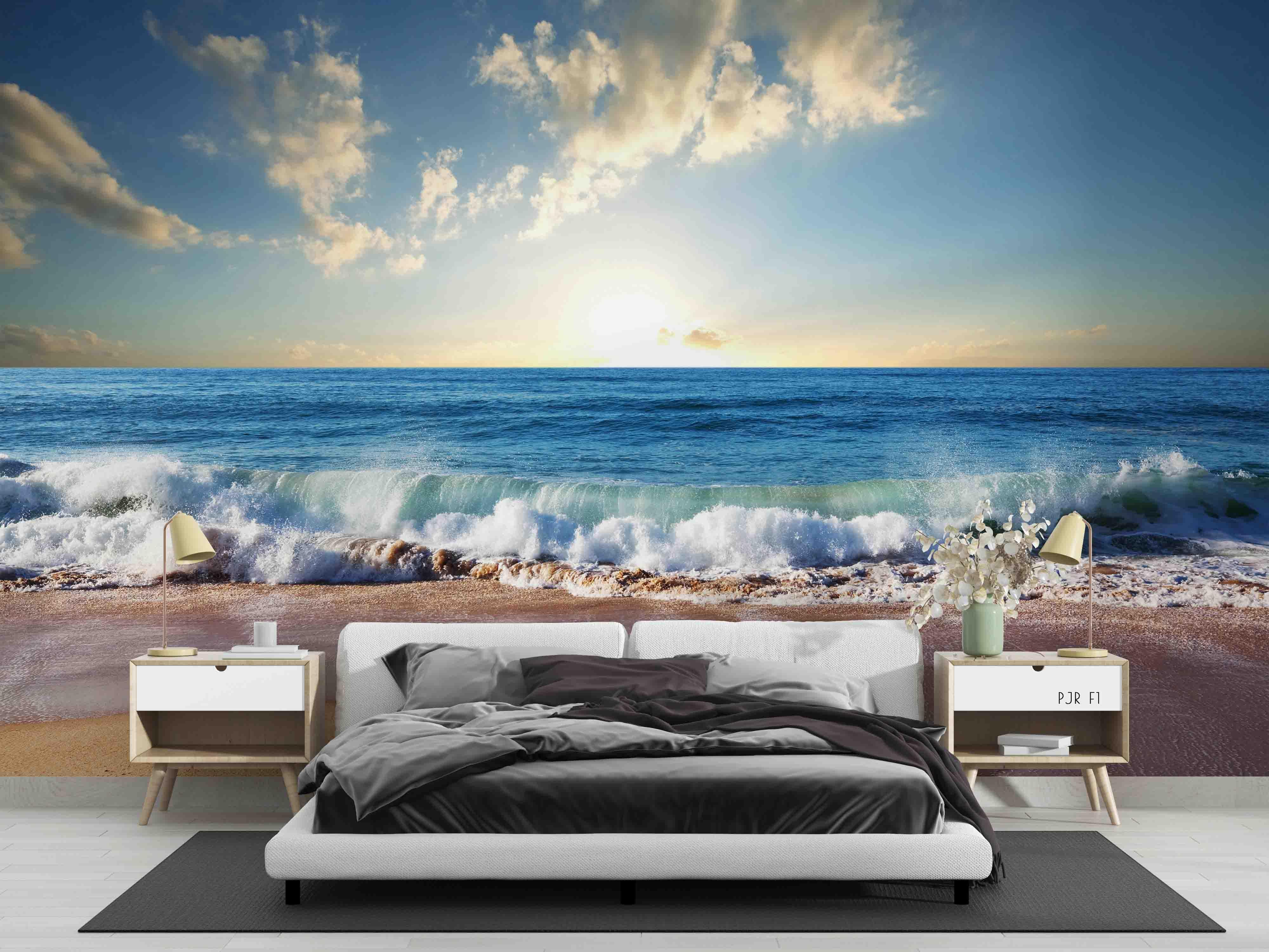 3D Seaside Sunset Waves sunset ocean wave landscape wall mural wallpaper for bedroom - view 2