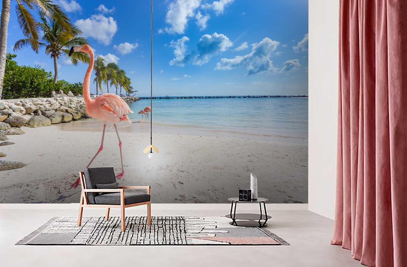 3D Tropical Beach Flamingo Wall Mural Wallpaper 31- Jess Art Decoration