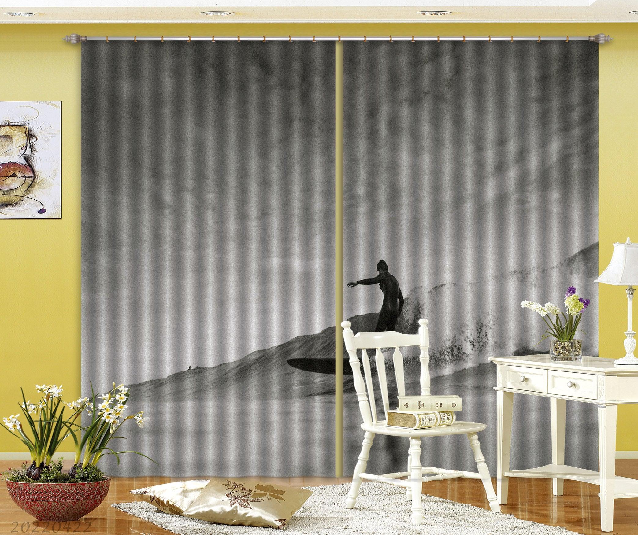 3D Huge Wave Man Surfing Black White Curtains and Drapes GD 4228- Jess Art Decoration