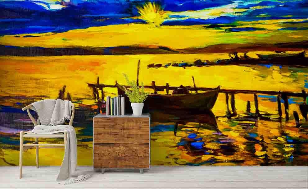 3D Ocean Boat Sunset Oil Painting Wall Mural Wallpaper  sww 39- Jess Art Decoration