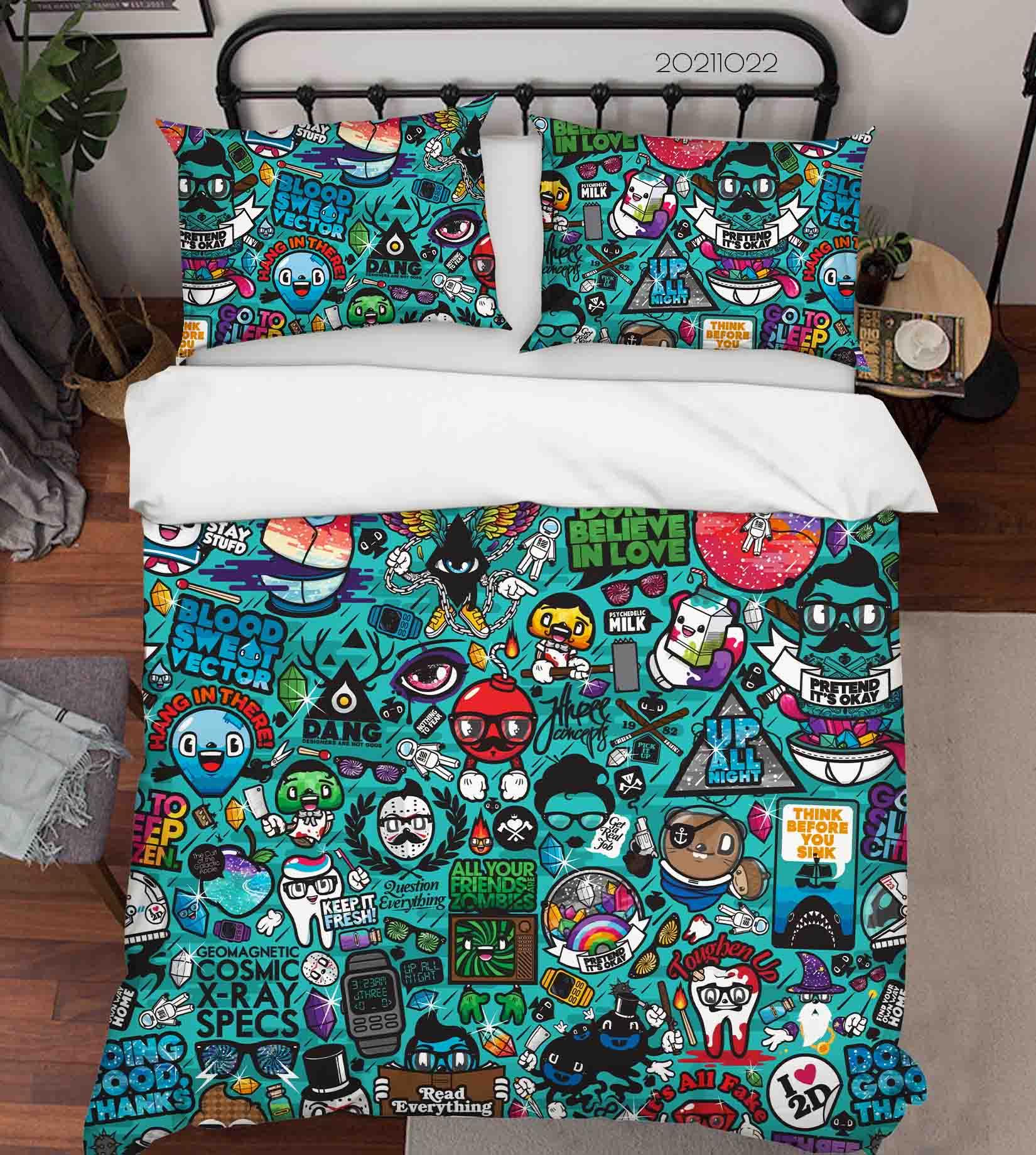 3D Green Cartoon Illustration Art Doodle Quilt Cover Set Bedding Set Duvet Cover Pillowcases 93- Jess Art Decoration