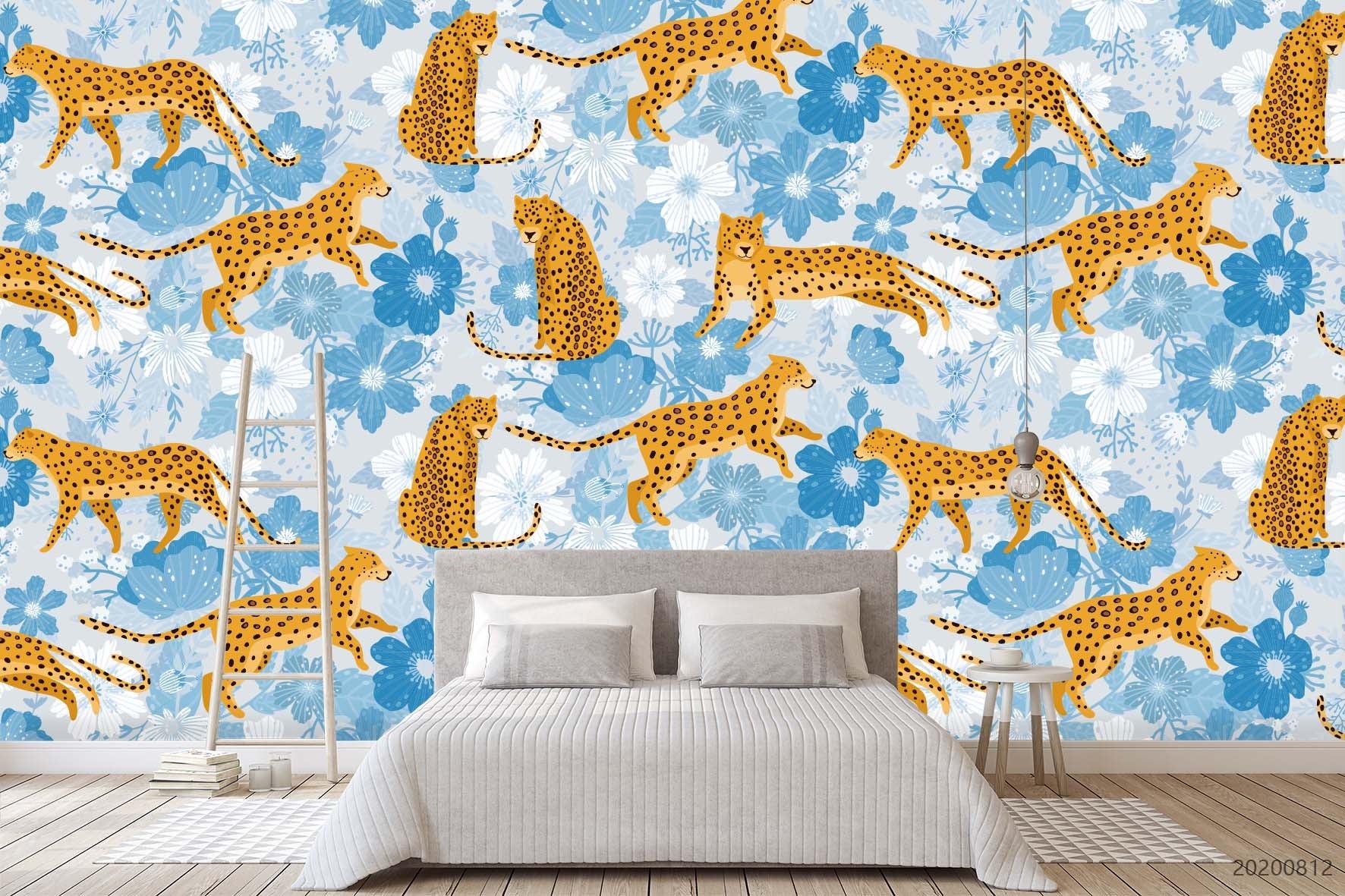 3D Hand Sketching Colorful Blue Floral Leopard Wall Mural Wallpaper LXL 1094- Jess Art Decoration