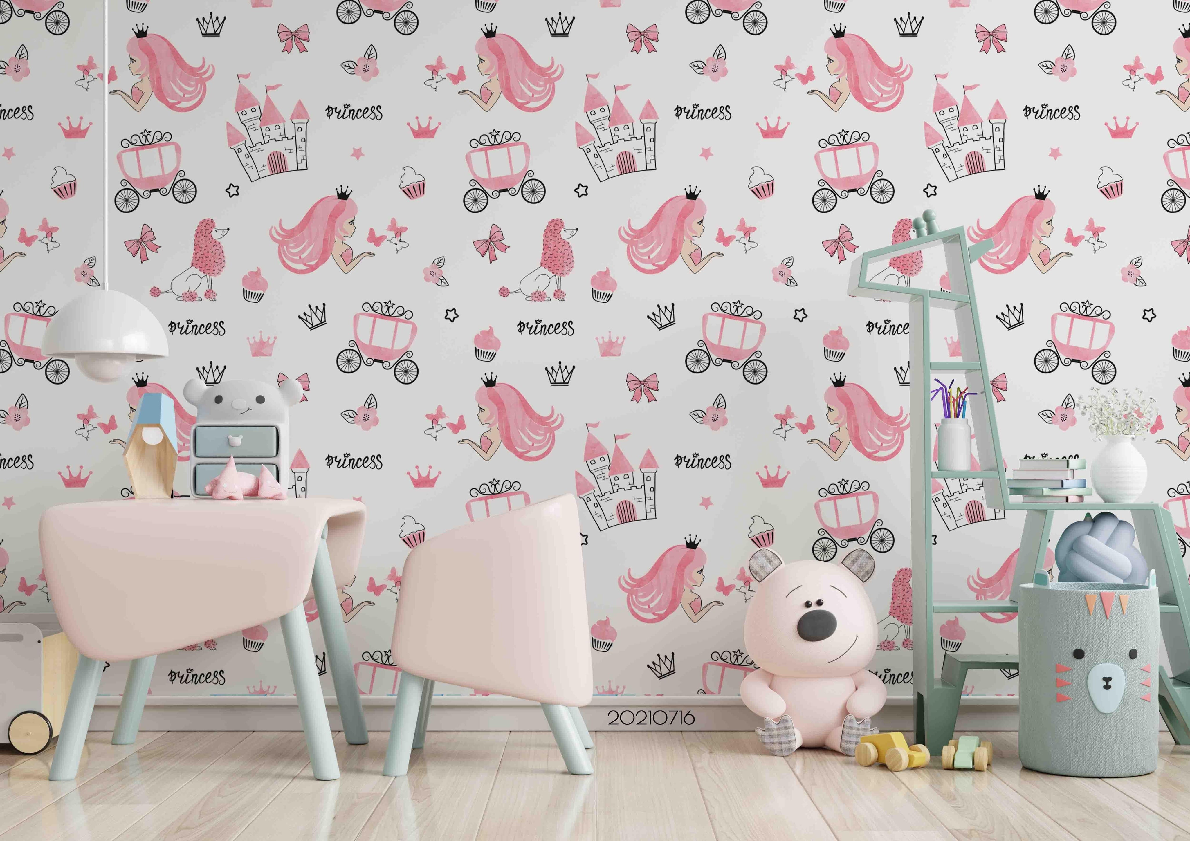 3D Hand Drawn Pink Princess Carriage Dog Wall Mural Wallpaper LQH 15- Jess Art Decoration