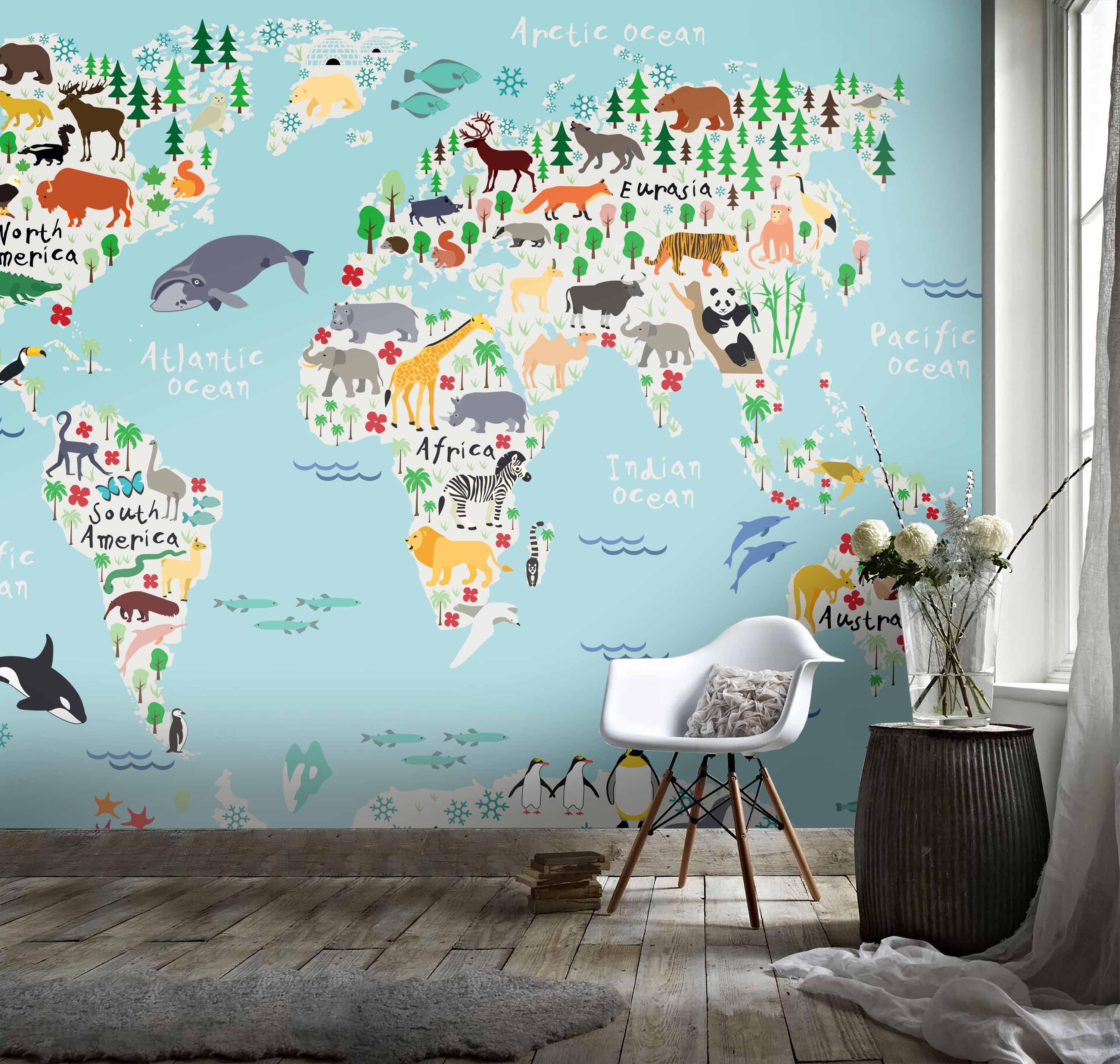 3D Color Cartoon Animal World Map Wall Mural Wallpaper  3- Jess Art Decoration