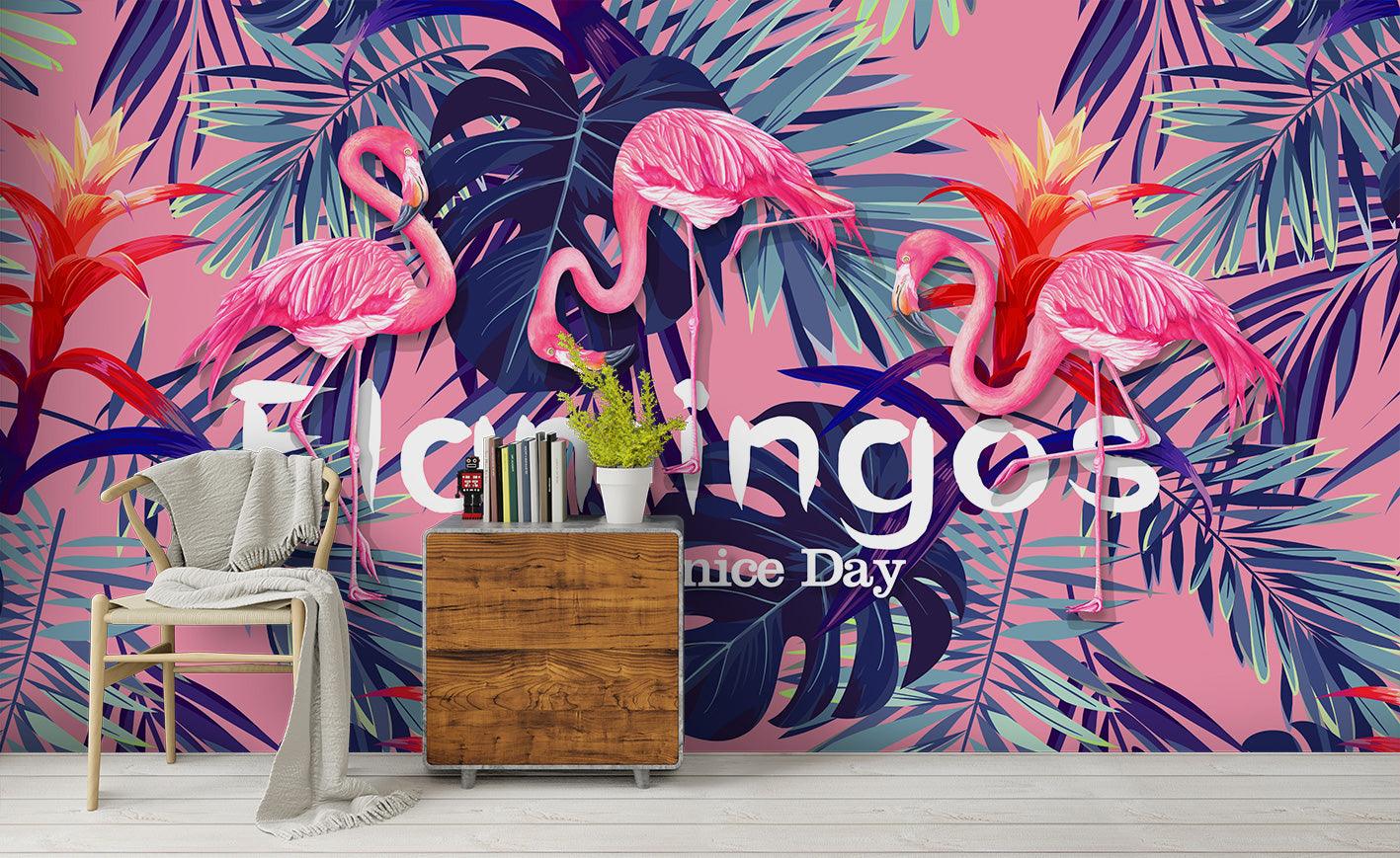 3D Pink Flamingo Tropical Leaves Wall Mural Wallpaper 30- Jess Art Decoration