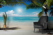 3D Beach Blue Ocean Sky White Clouds Sun Coconut Tree Wall Mural Wallpaper GD 2974- Jess Art Decoration
