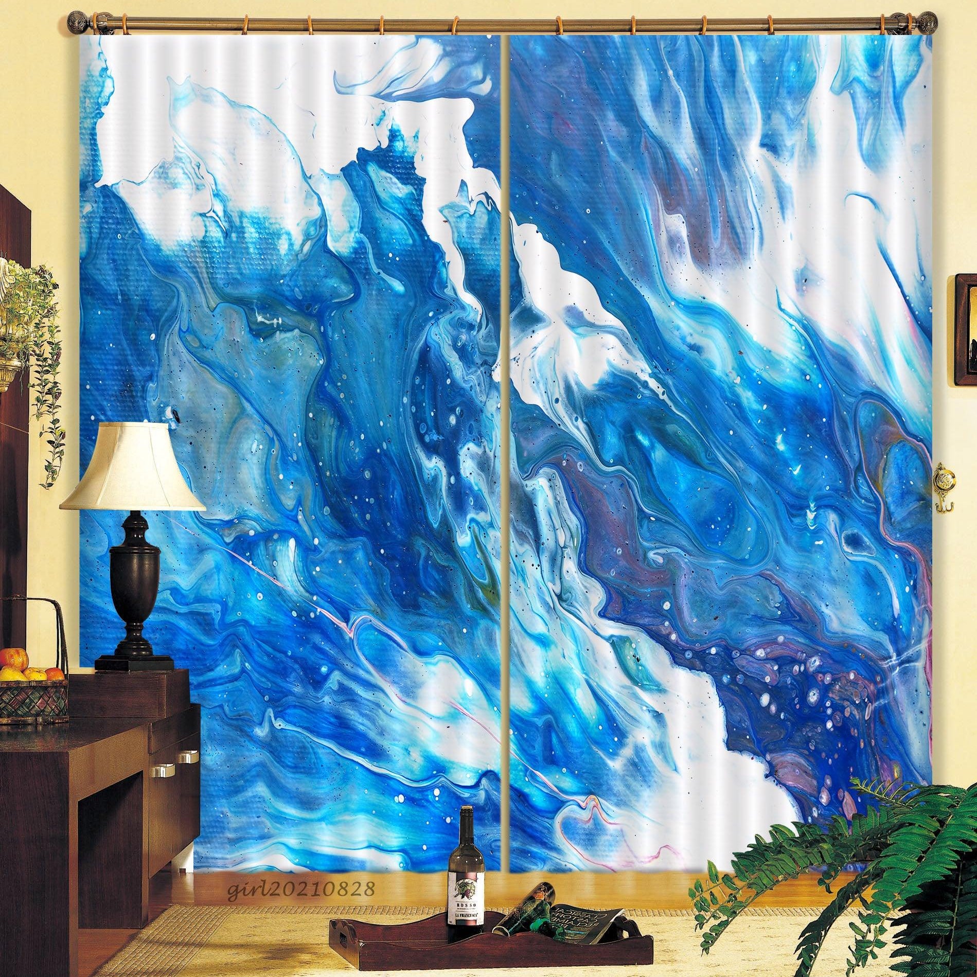 3D Abstract Blue Oil Painting Curtains and Drapes LQH 47- Jess Art Decoration