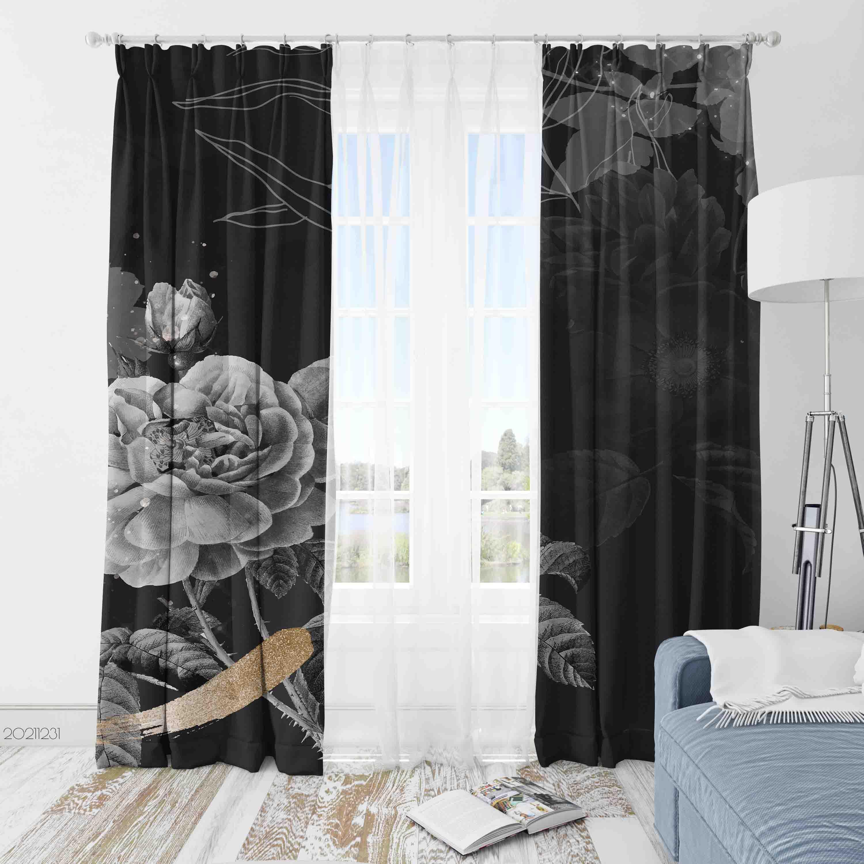 3D Vintage Black White Flower Leaf Curtains and Drapes GD 92- Jess Art Decoration
