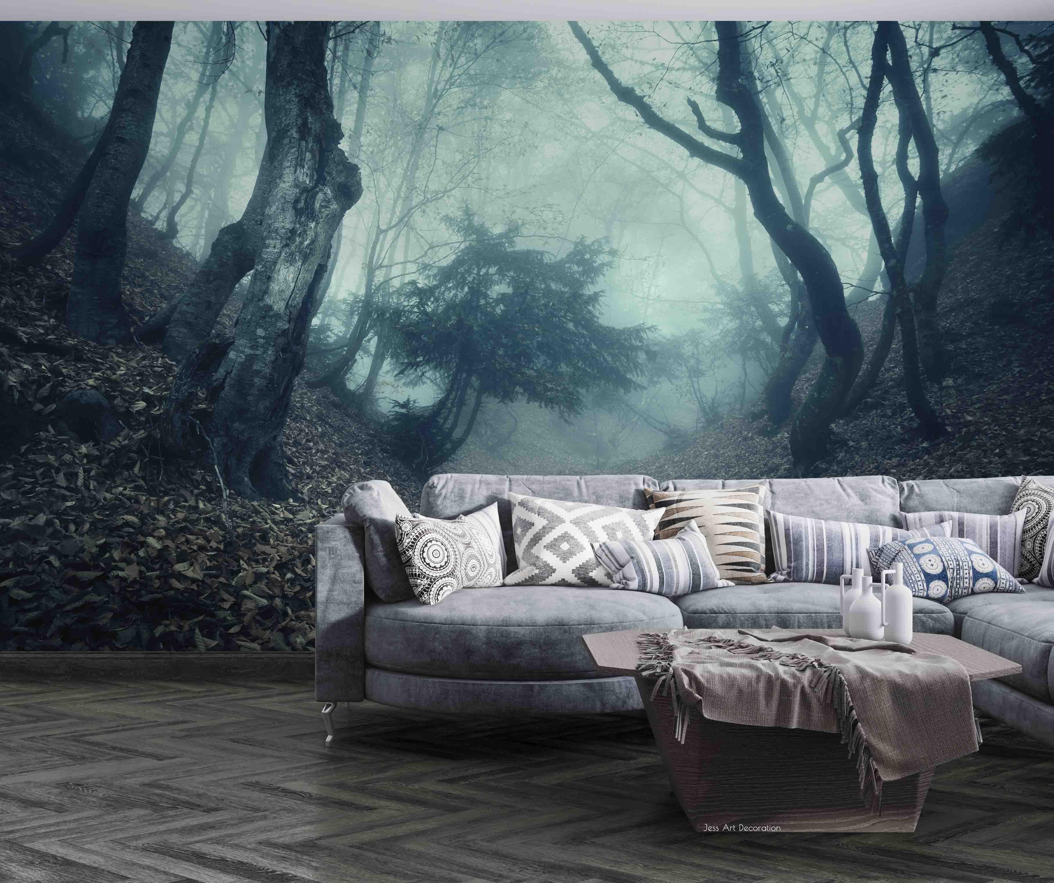3D Plant Tree Trunk Dead Leaves Fog Blue Landscape Wall Mural Wallpaper LLL 1798- Jess Art Decoration