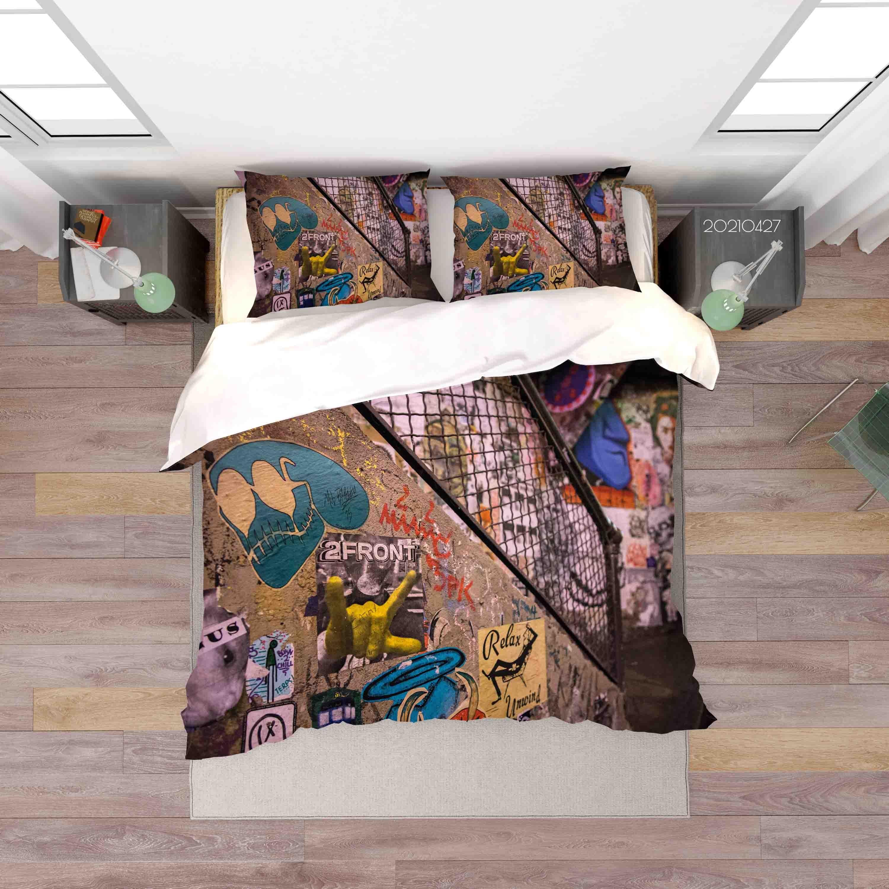 3D Abstract Colored Street Graffiti Quilt Cover Set Bedding Set Duvet Cover Pillowcases 146- Jess Art Decoration