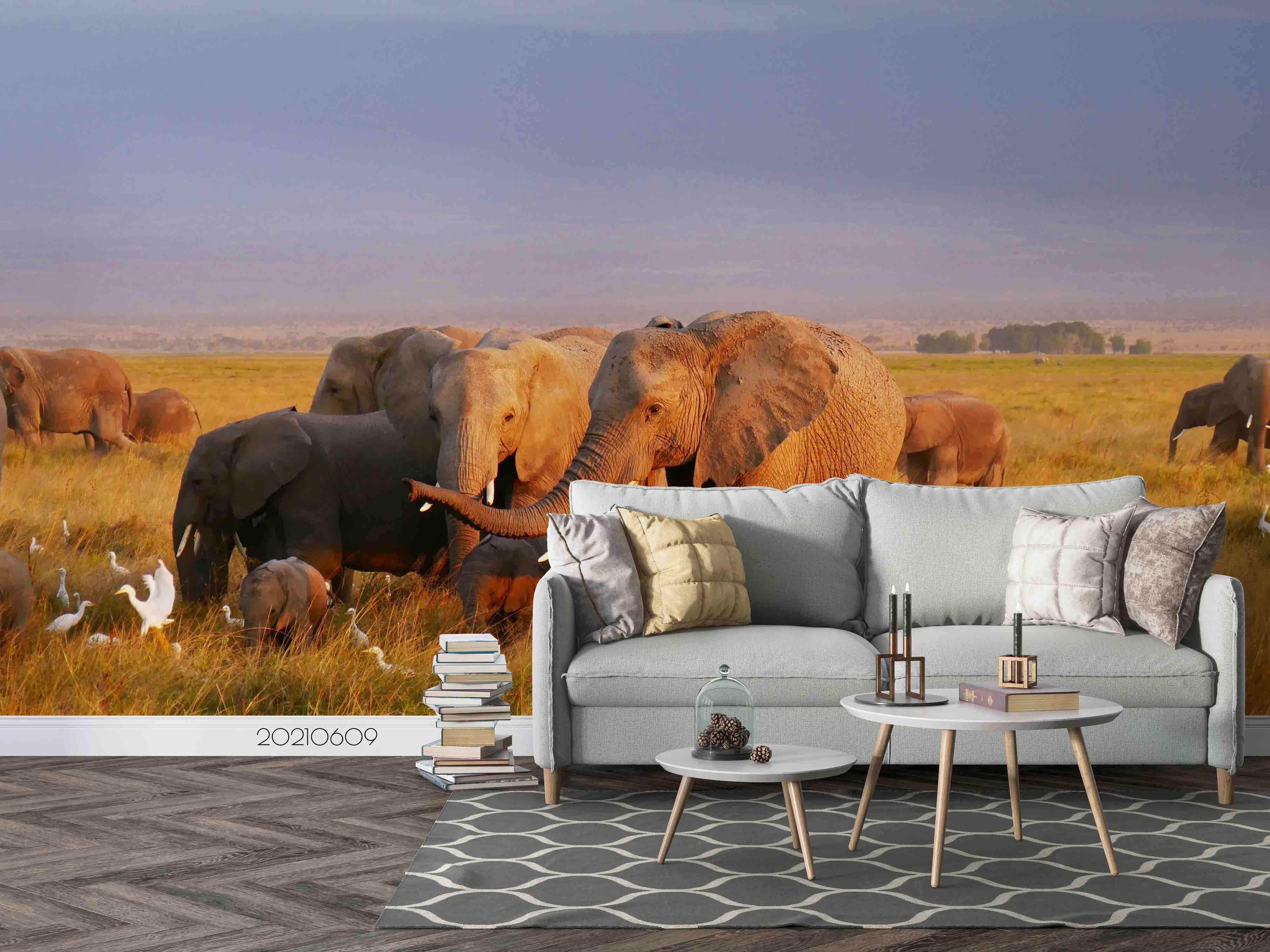 3D  Africa Grassland Elephant Dusk Wall Mural Wallpaper SWW1694- Jess Art Decoration