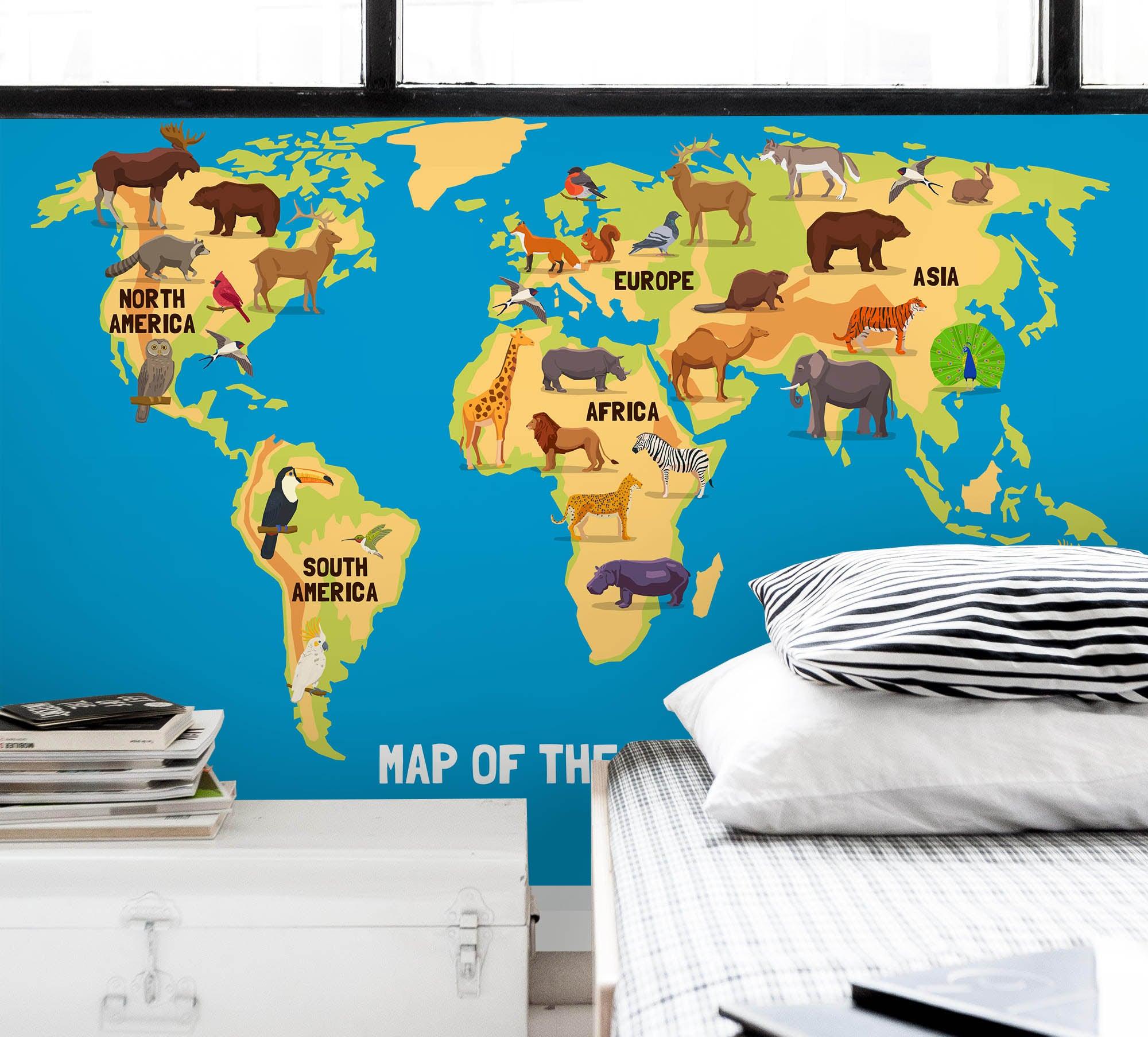 3D Blue Animals World Map Wall Mural Wallpaper 37- Jess Art Decoration