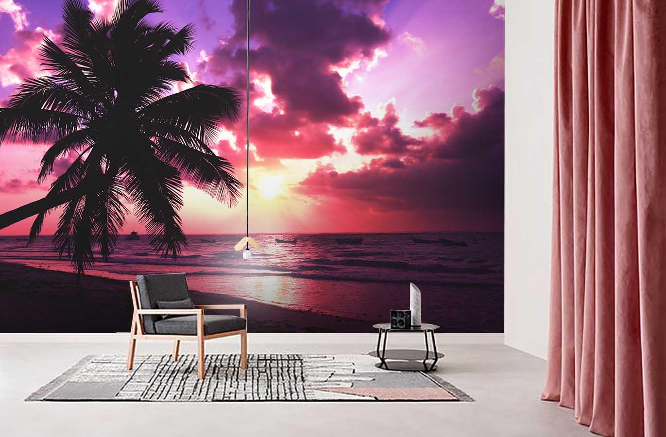 3D Colorful Sky Sunset Tropical Beach Wall Mural Wallpaper  41- Jess Art Decoration