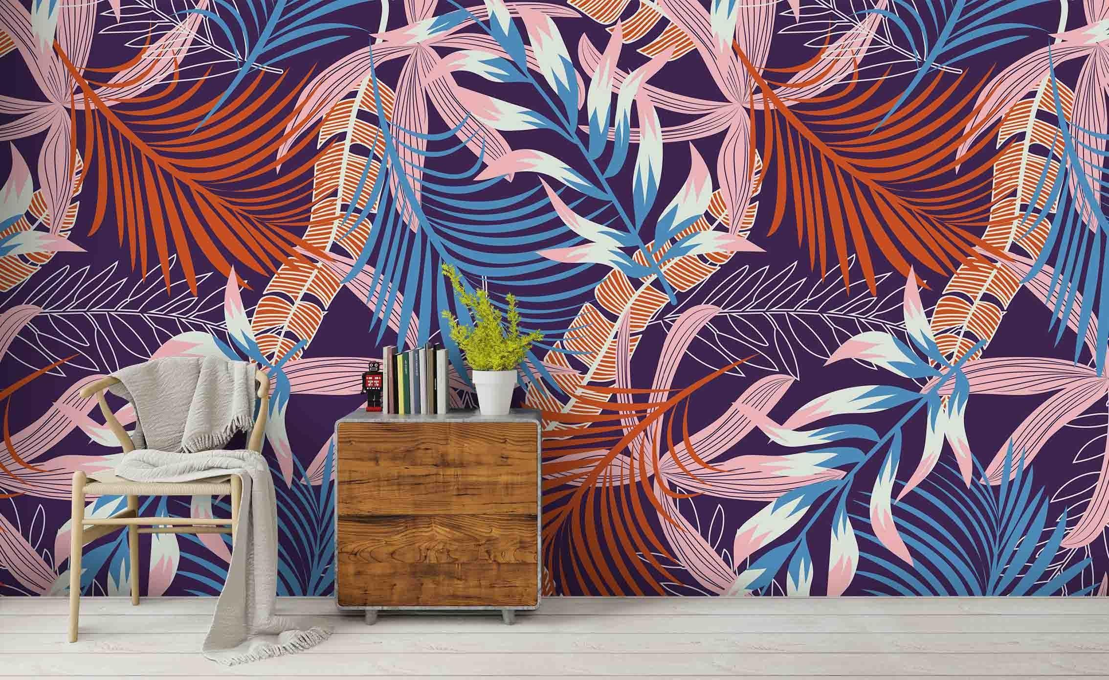 3D Blue Pink Leaves Wall Mural Wallpaper A128 LQH- Jess Art Decoration