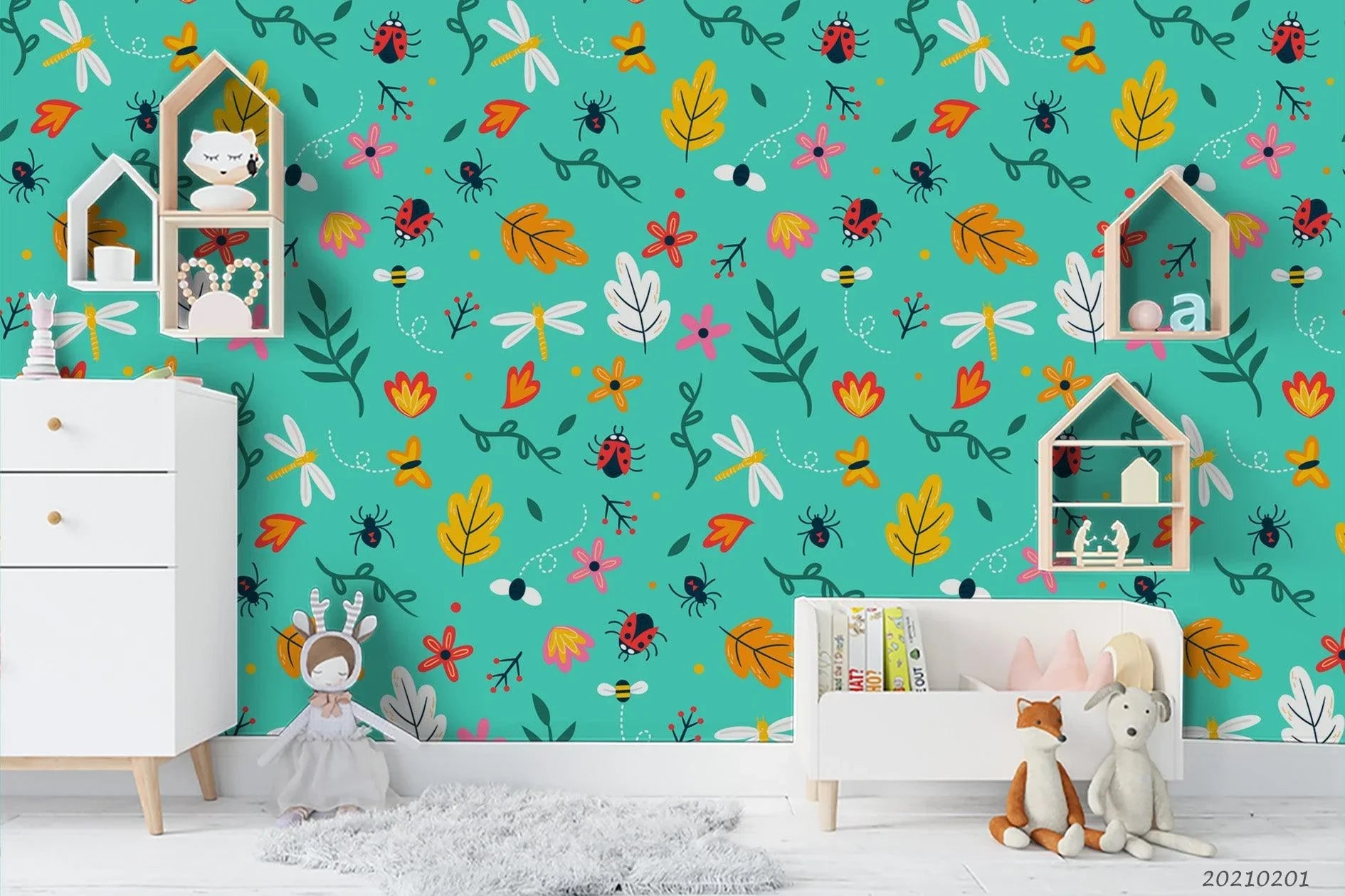 3D Hand Drawn Green Floral Leaf Insect Wall Mural Wallpaper LQH 130- Jess Art Decoration