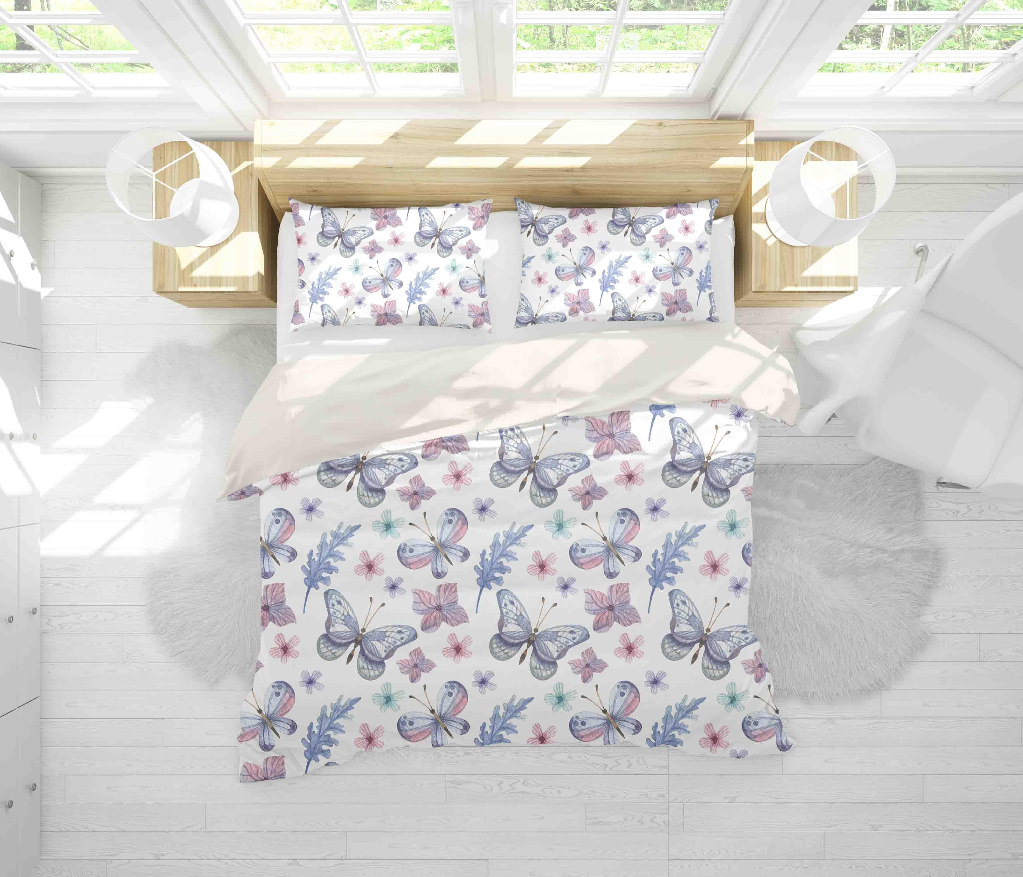 3D White Butterfly Floral Leaves Quilt Cover Set Bedding Set Pillowcases 67- Jess Art Decoration