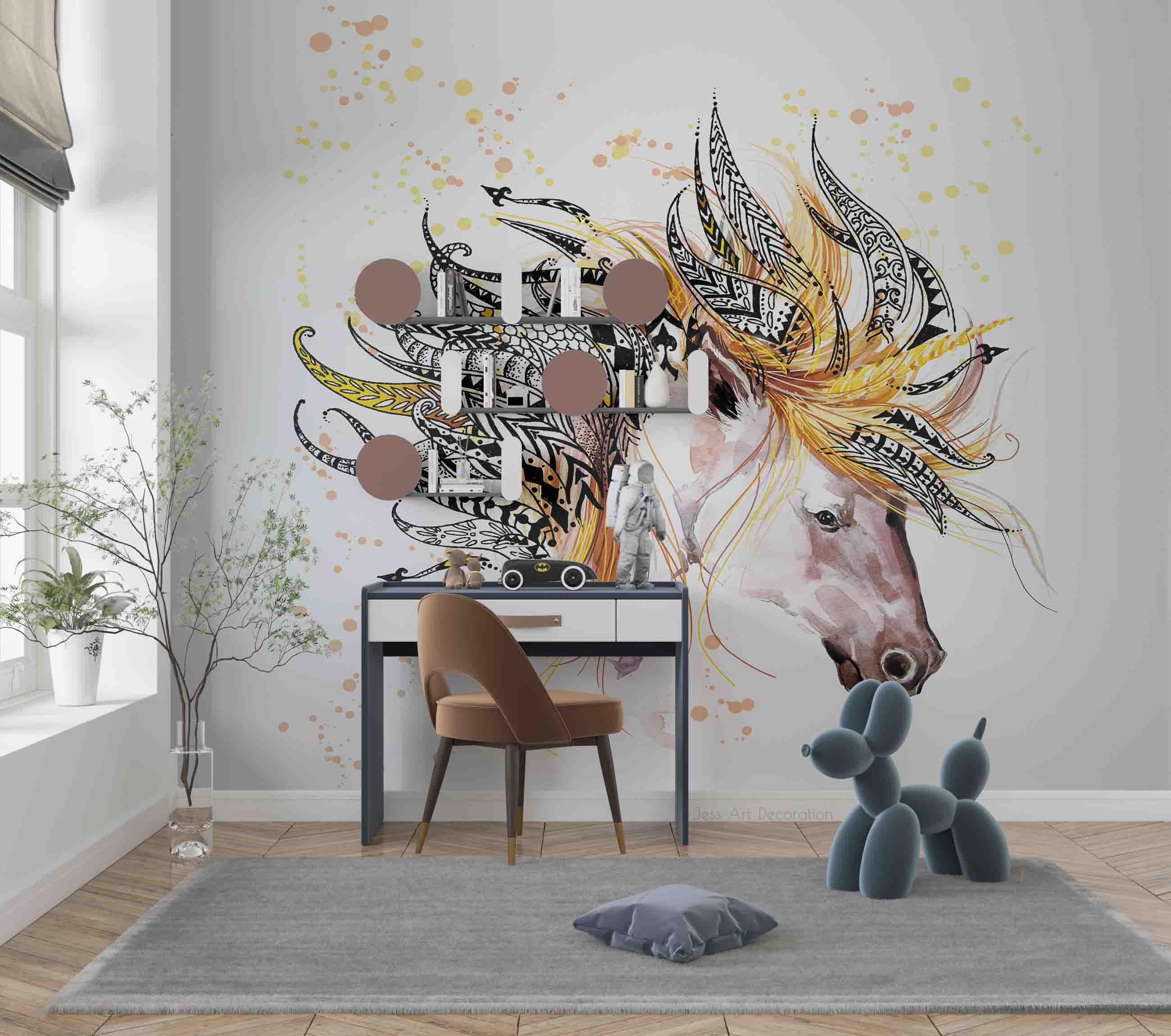 Abstract Horse Feather Headdress Watercolor Contemporary Wallpaper contemporary street art wall mural for creative room or fe