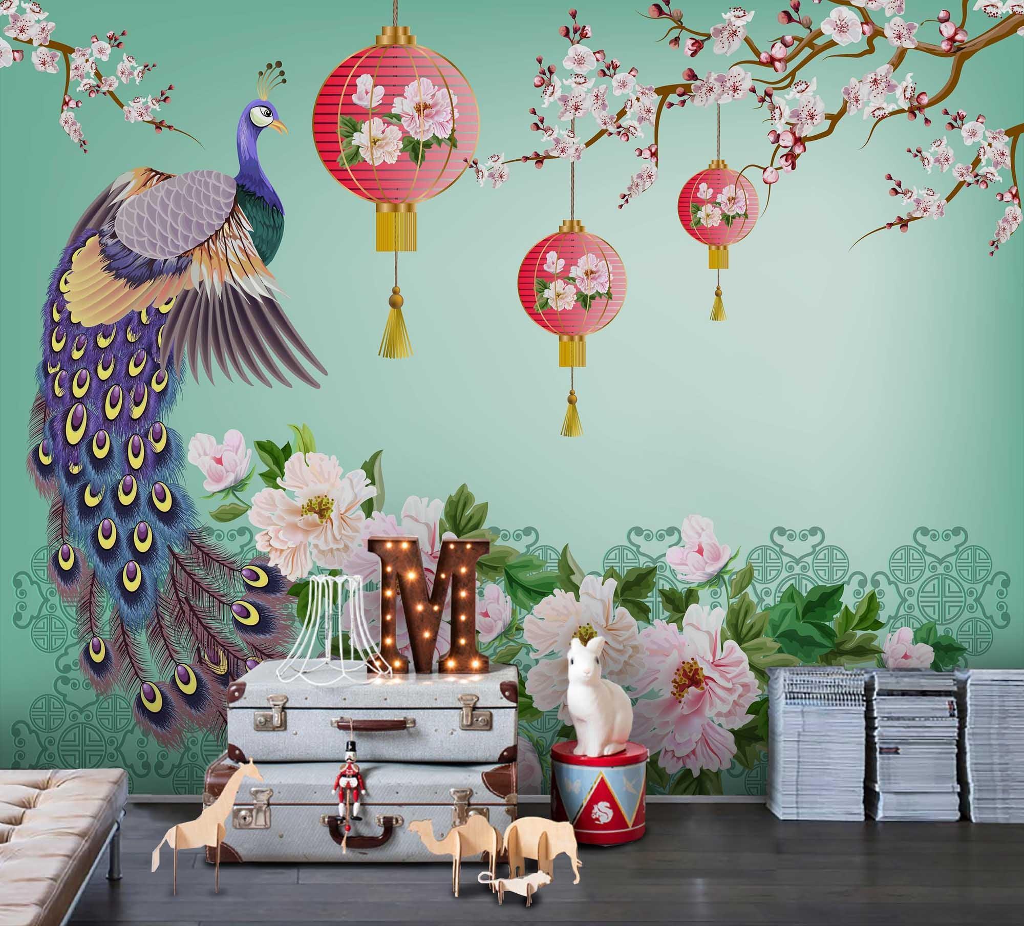 3D Peacock Plum Blossom Lantern Wall Mural Wallpaper 34 LQH- Jess Art Decoration