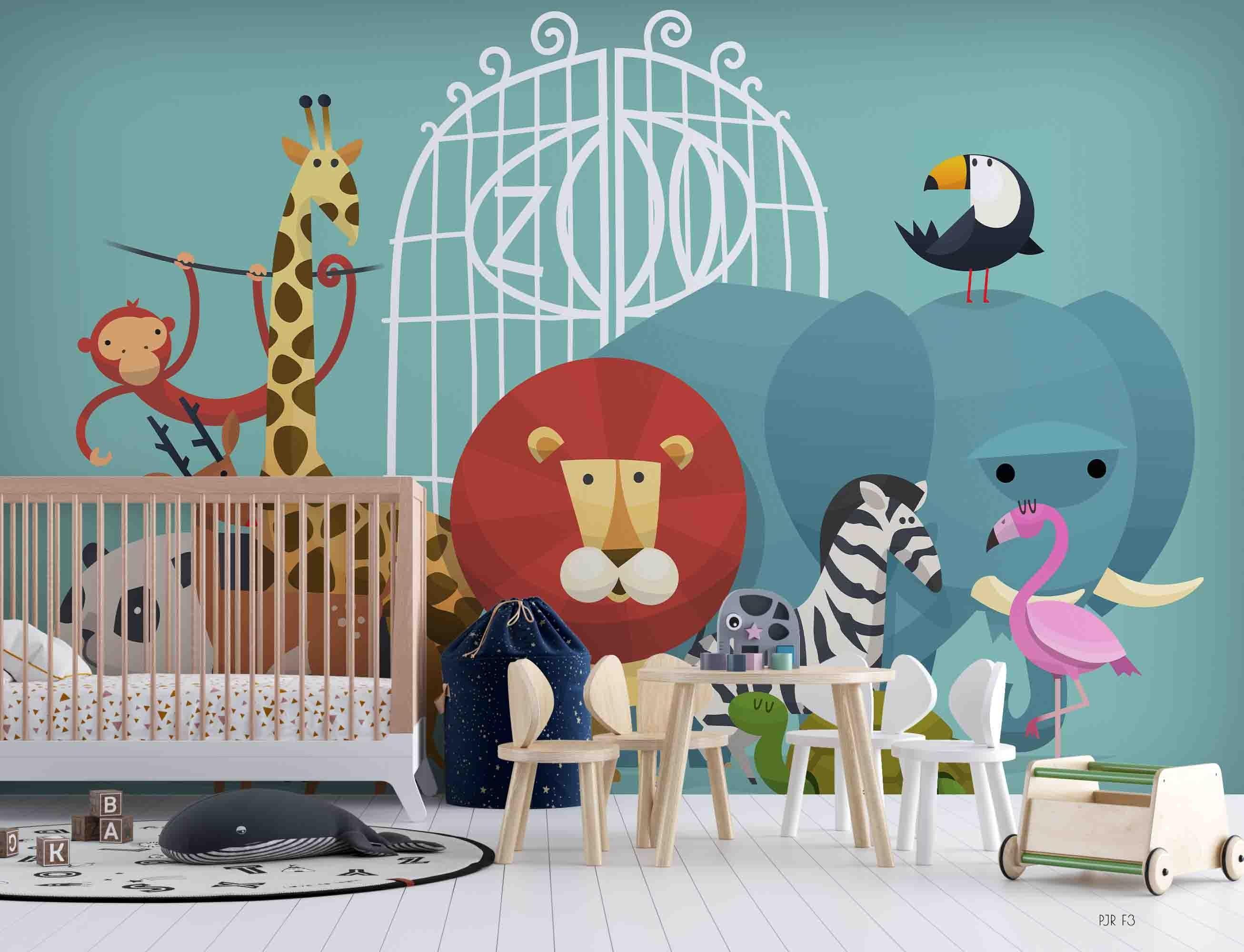 3D Safari Animal Parade cartoon safari animal mural wall mural wallpaper for playroom - view 2