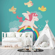 3D Cartoon Unicorn Rainbow Bird Green Wall Mural Wallpaper A019 LQH- Jess Art Decoration