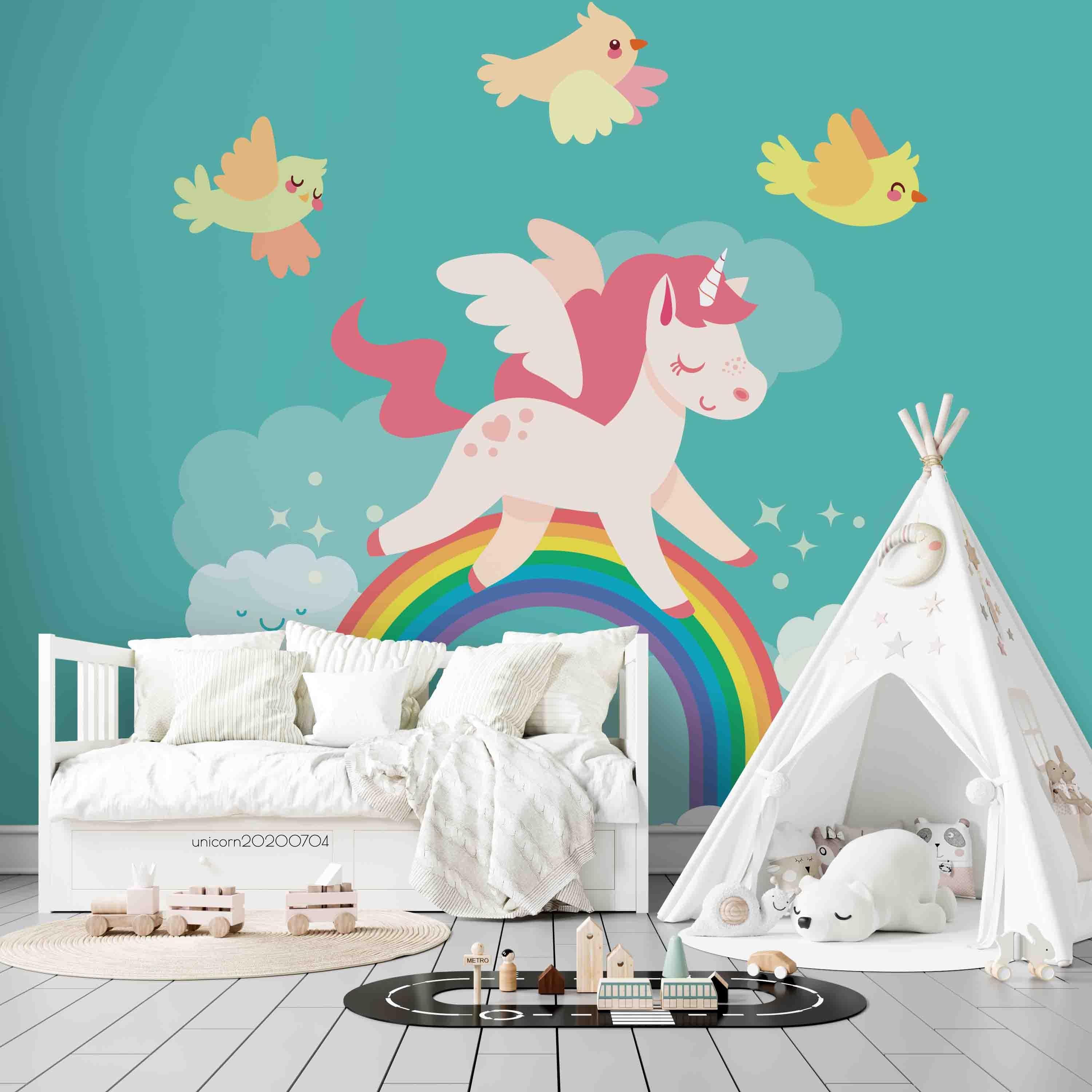 3D Cartoon Unicorn Rainbow Bird Green Wall Mural Wallpaper A019 LQH- Jess Art Decoration