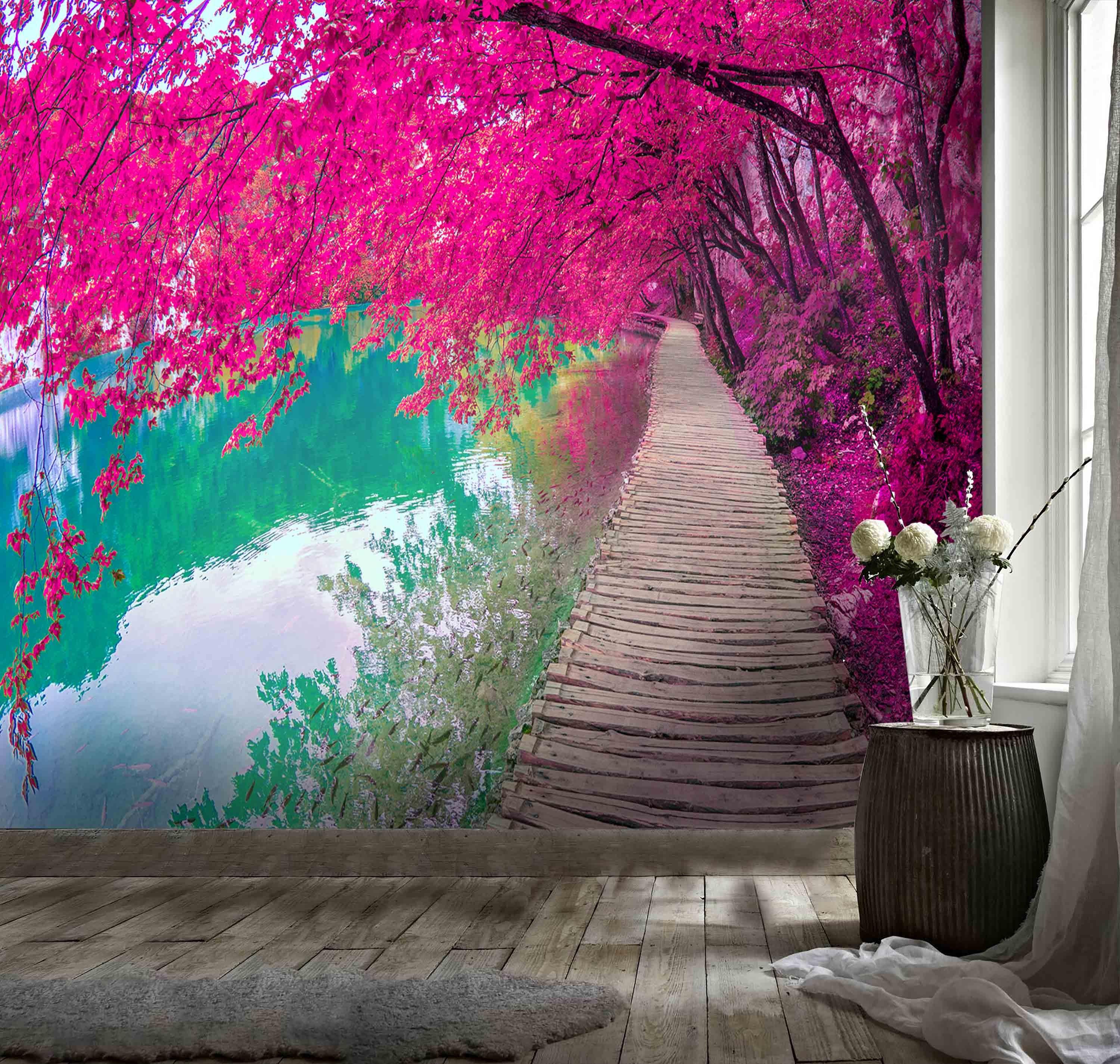 3D Wooden Walkway Forest Blossom River Wall Mural Wallpaper 90- Jess Art Decoration