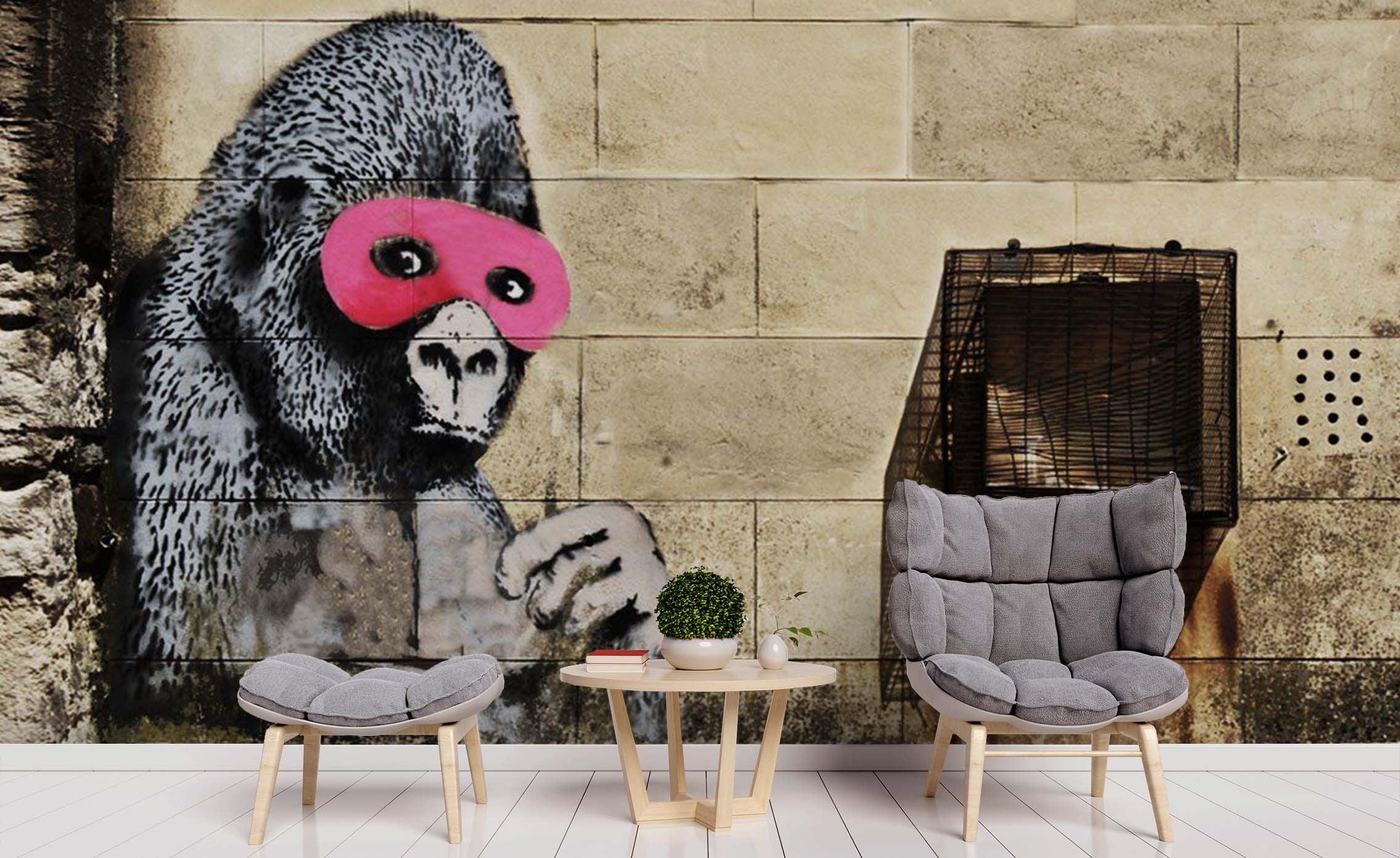 3D Banksy Gorilla Pink Mask Wall Mural Wallpaper ZY D28- Jess Art Decoration