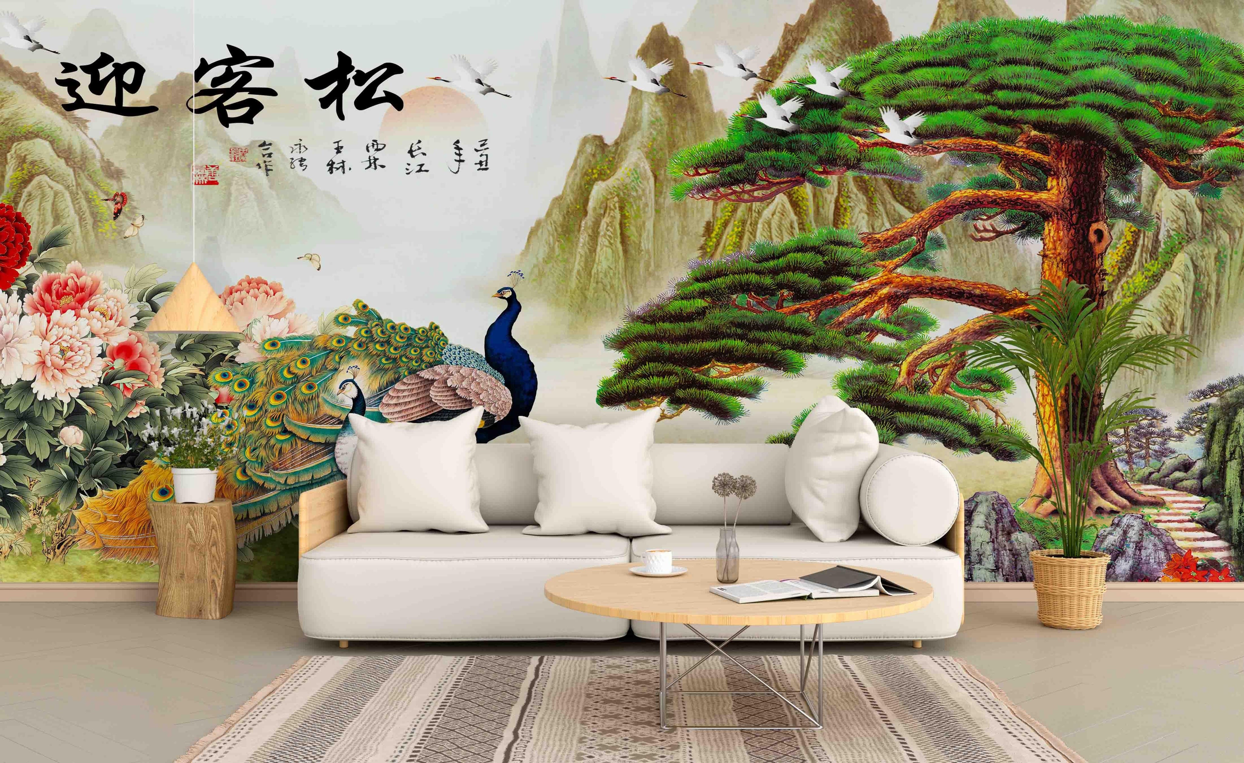 3D Chinese Peacock Welcome Pine Wall Mural Wallpaper 199- Jess Art Decoration