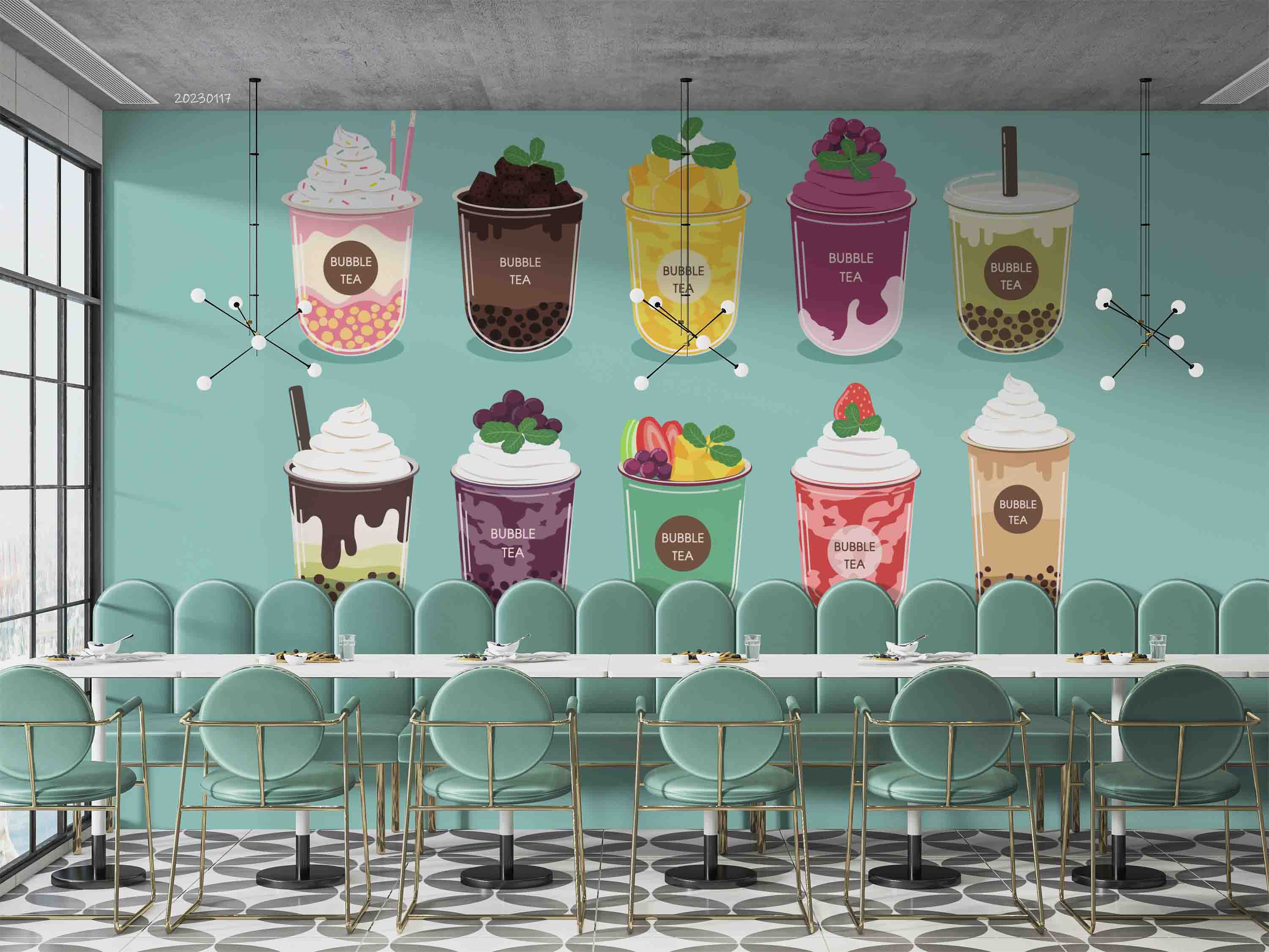3D Green Background Bubble Tea Pearl Tea Milk Tea Shop Wall Mural Wallpaper JN 39- Jess Art Decoration