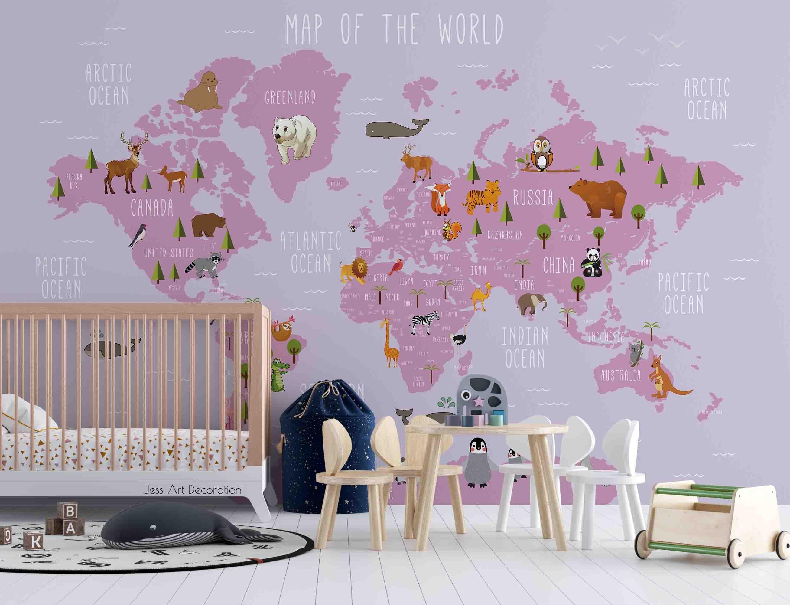 3D Pink World Map Animal Pattern Wall Mural Wallpaper GD 3372- Jess Art Decoration