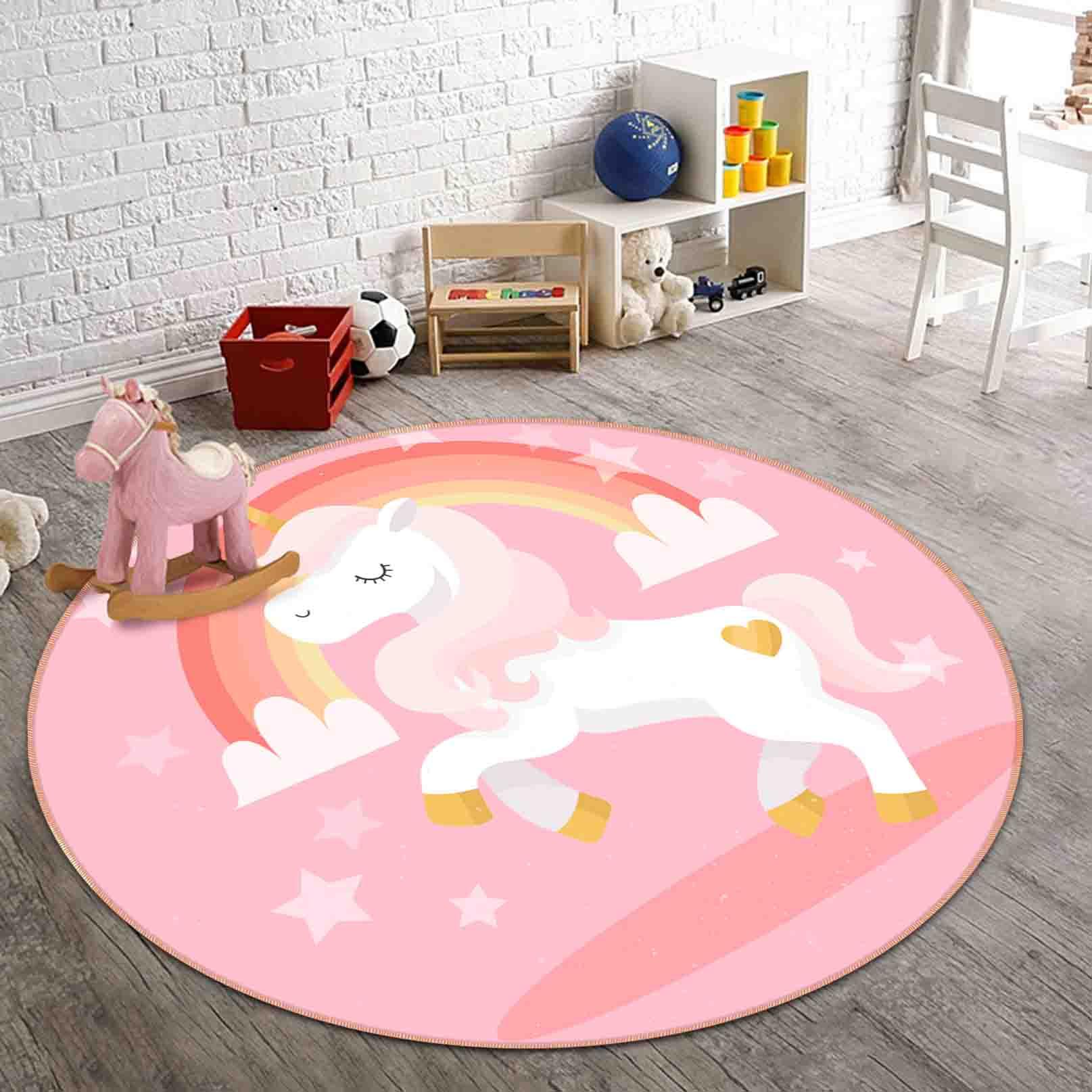 3D Cartoon Pink Animal Unicorn Rainbow Kids Non-Slip Round Rug Mat 50- Jess Art Decoration