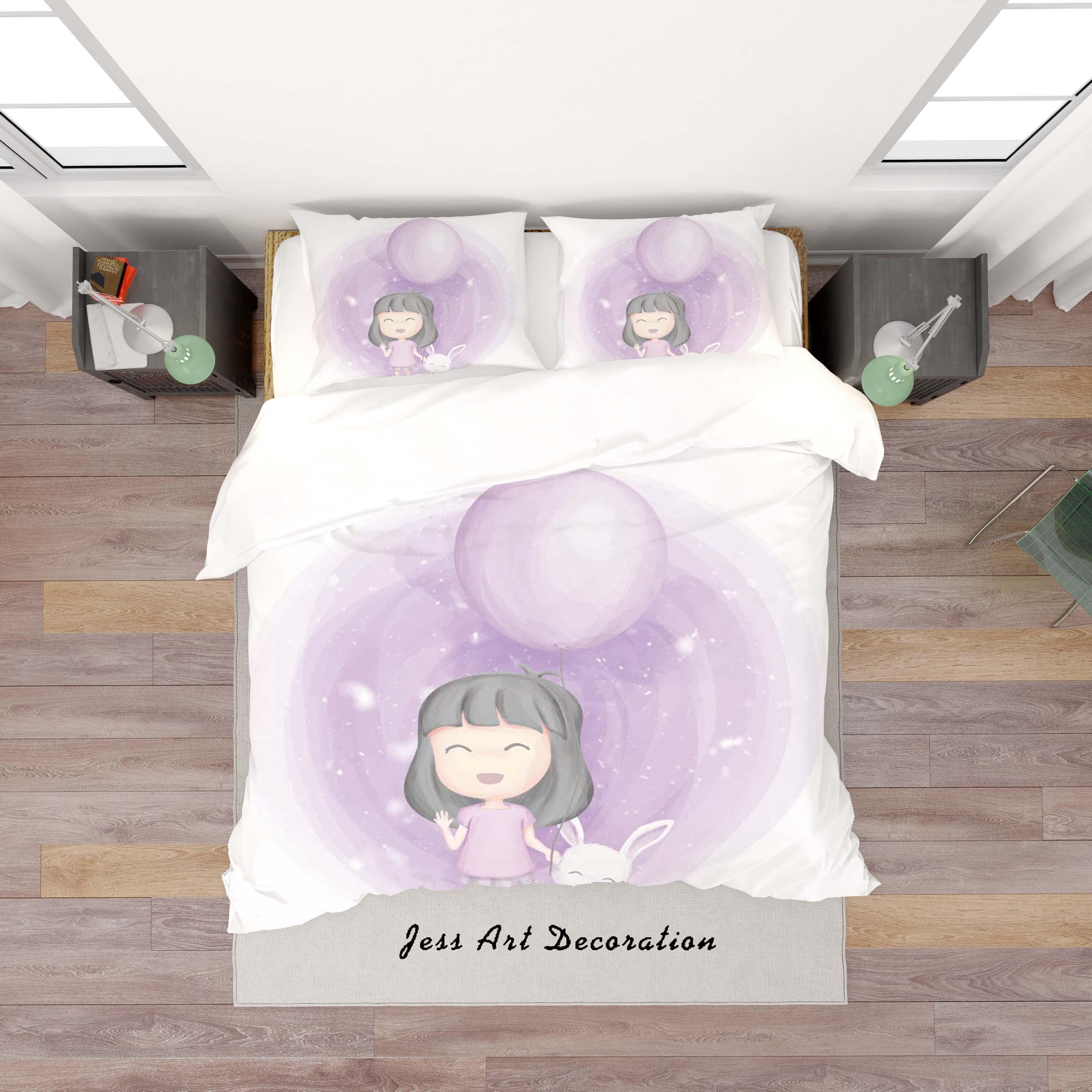 3D White Purple Girl Rabbit Balloon Quilt Cover Set Bedding Set Duvet Cover Pillowcases SF85- Jess Art Decoration