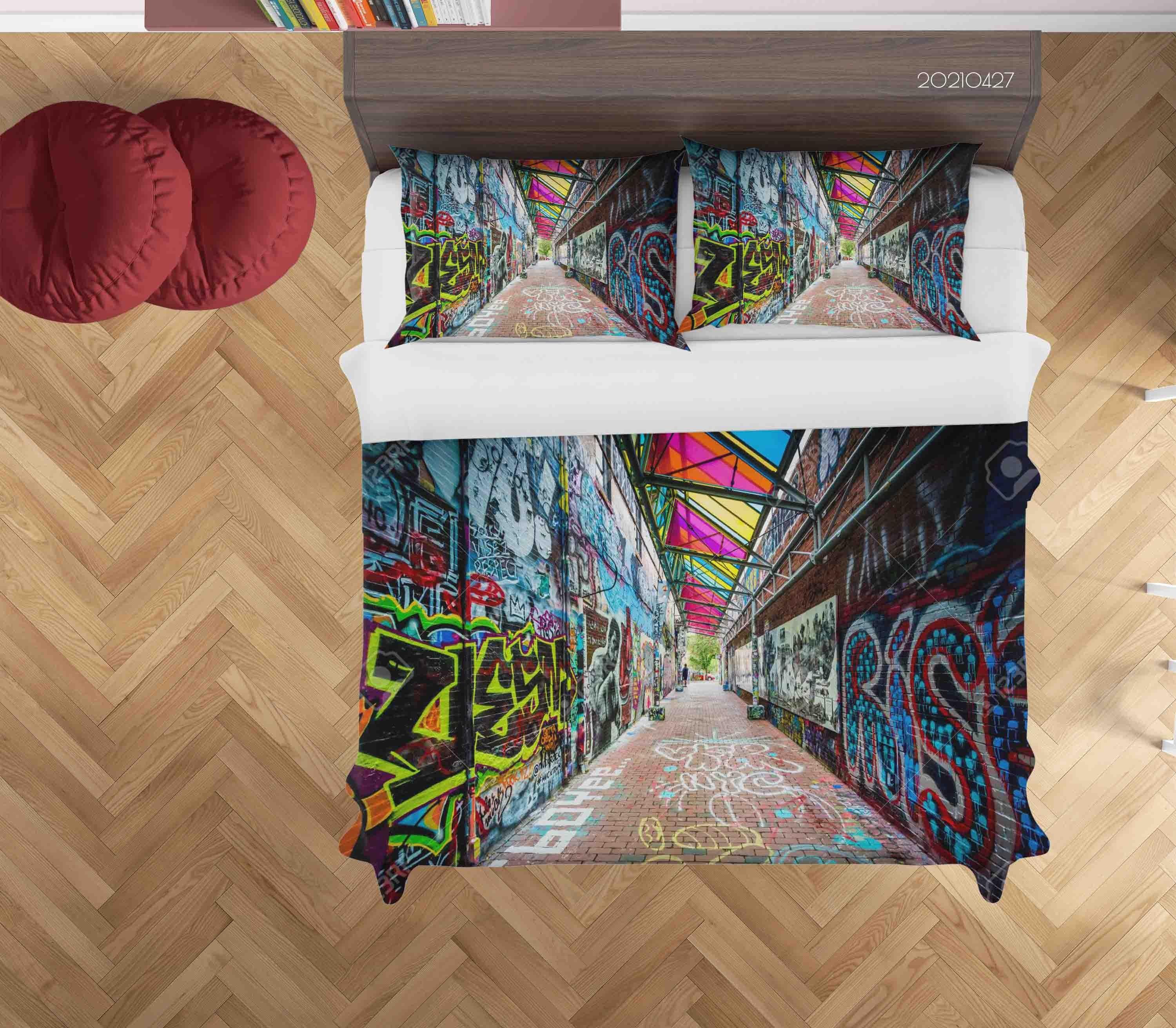 3D Abstract Colored Street Graffiti Quilt Cover Set Bedding Set Duvet Cover Pillowcases 50- Jess Art Decoration
