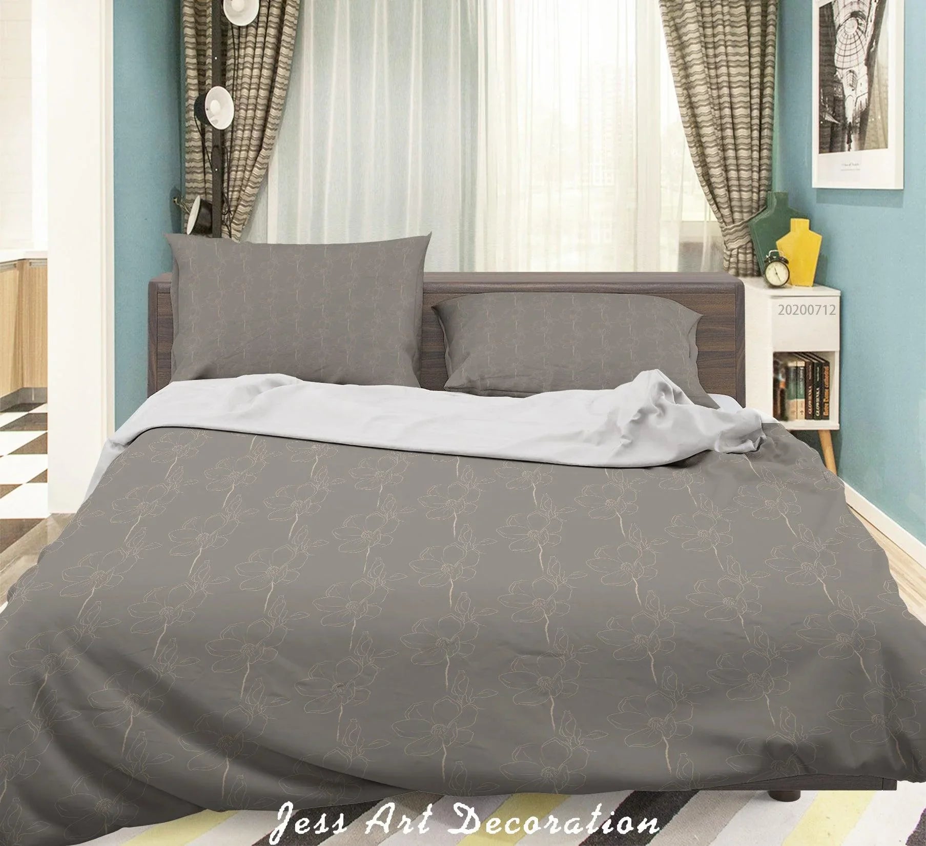 3D Fresh Abstract Gray Line Drawing Leaves Floral Pattern Quilt Cover Set Bedding Set Duvet Cover Pillowcases WJ 4059- Jess Art Decoration