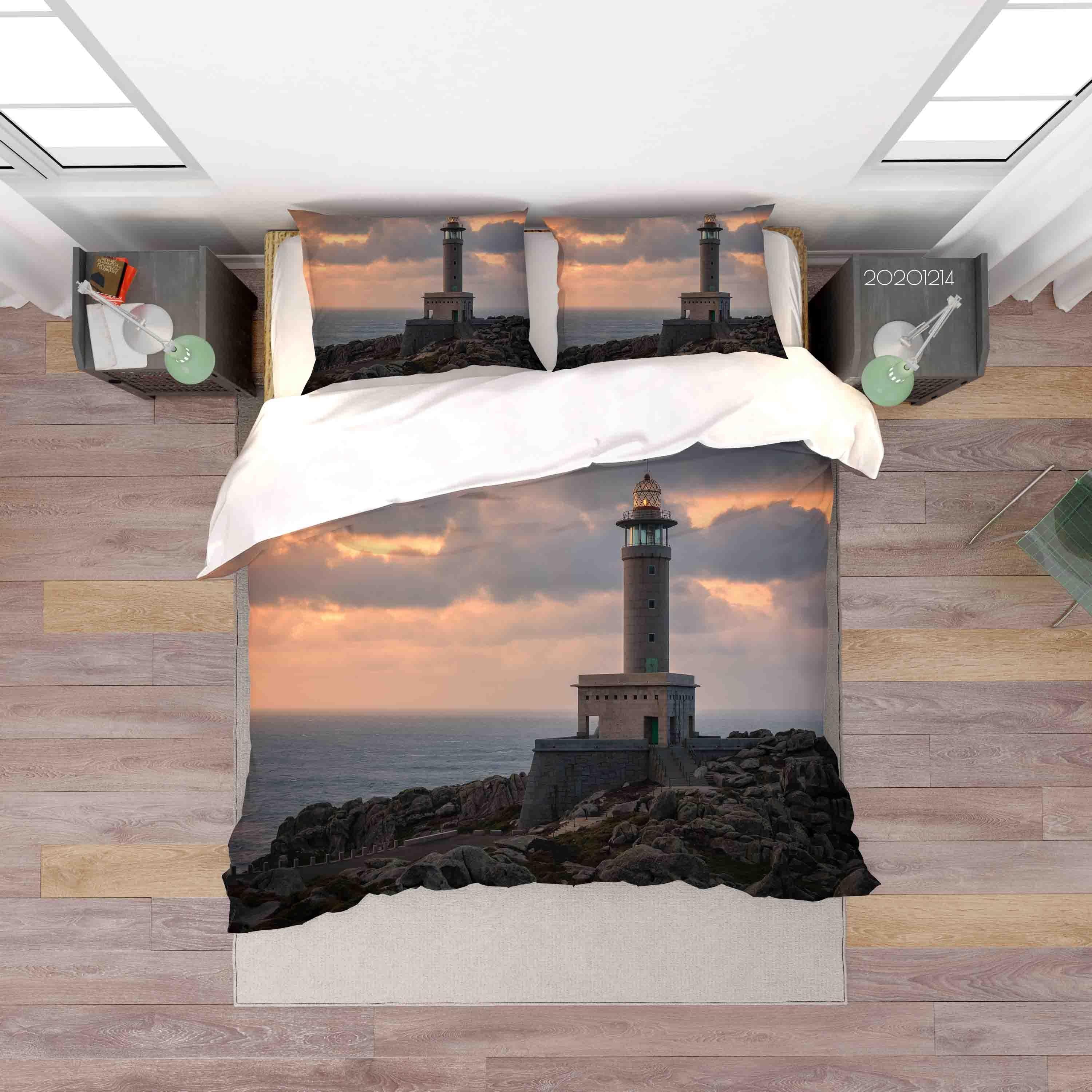 3D Landscape Sunset Sky Sea Lighthouse Stone Quilt Cover Set Bedding Set Duvet Cover Pillowcases LXL- Jess Art Decoration