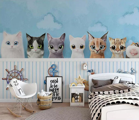 3D Blue Sky Clouds Cute Cat White Fence Wall Mural 217- Jess Art Decoration