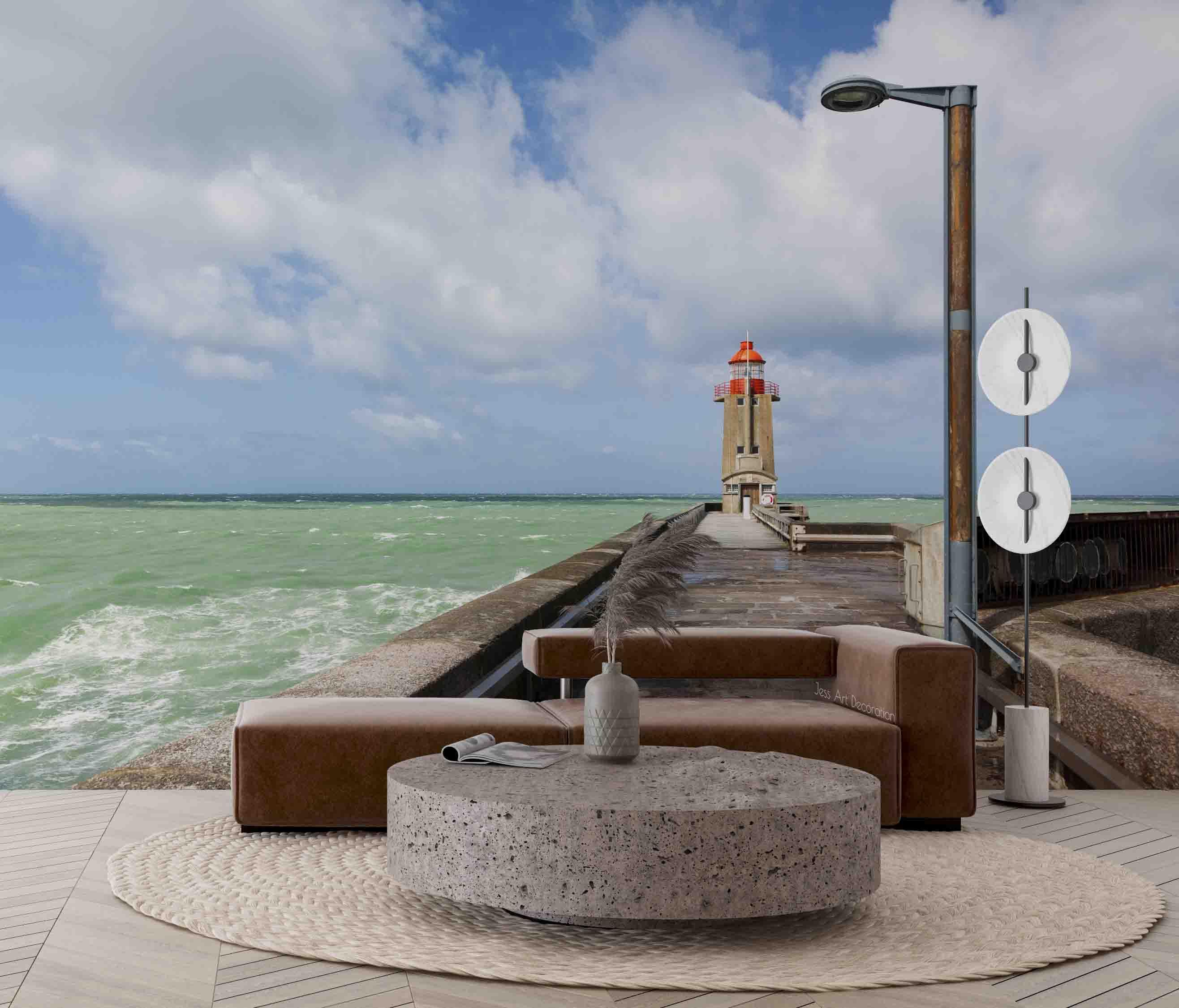 3D Lighthouse Cement Road Street Lamp Water Surface Sky White Cloud Wall Mural Wallpaper GD 2459- Jess Art Decoration