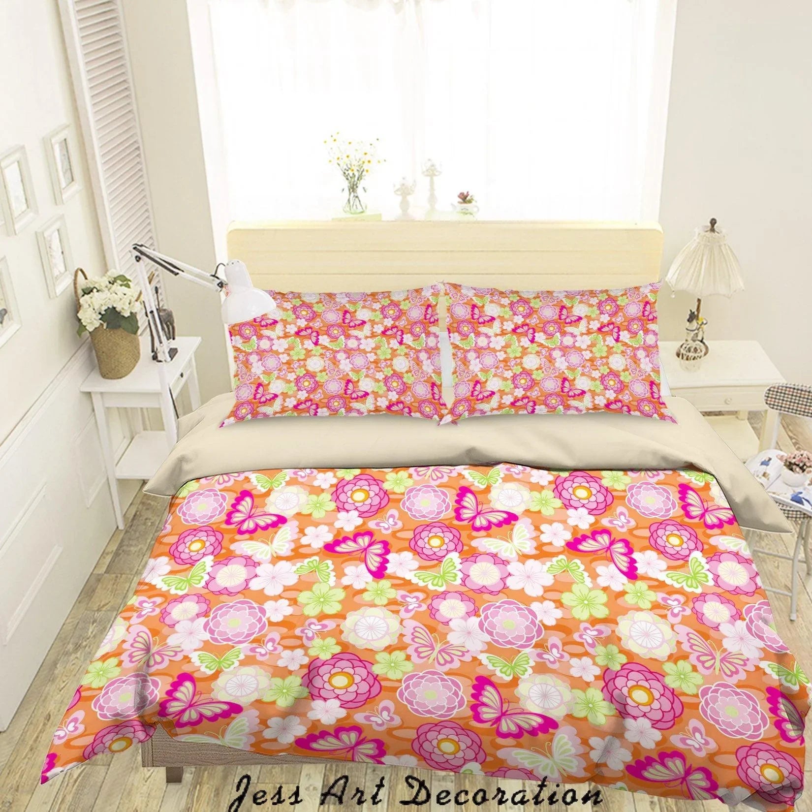 3D Orange Green Pink Floral Butterfly Quilt Cover Set Bedding Set Duvet Cover Pillowcases SF74- Jess Art Decoration
