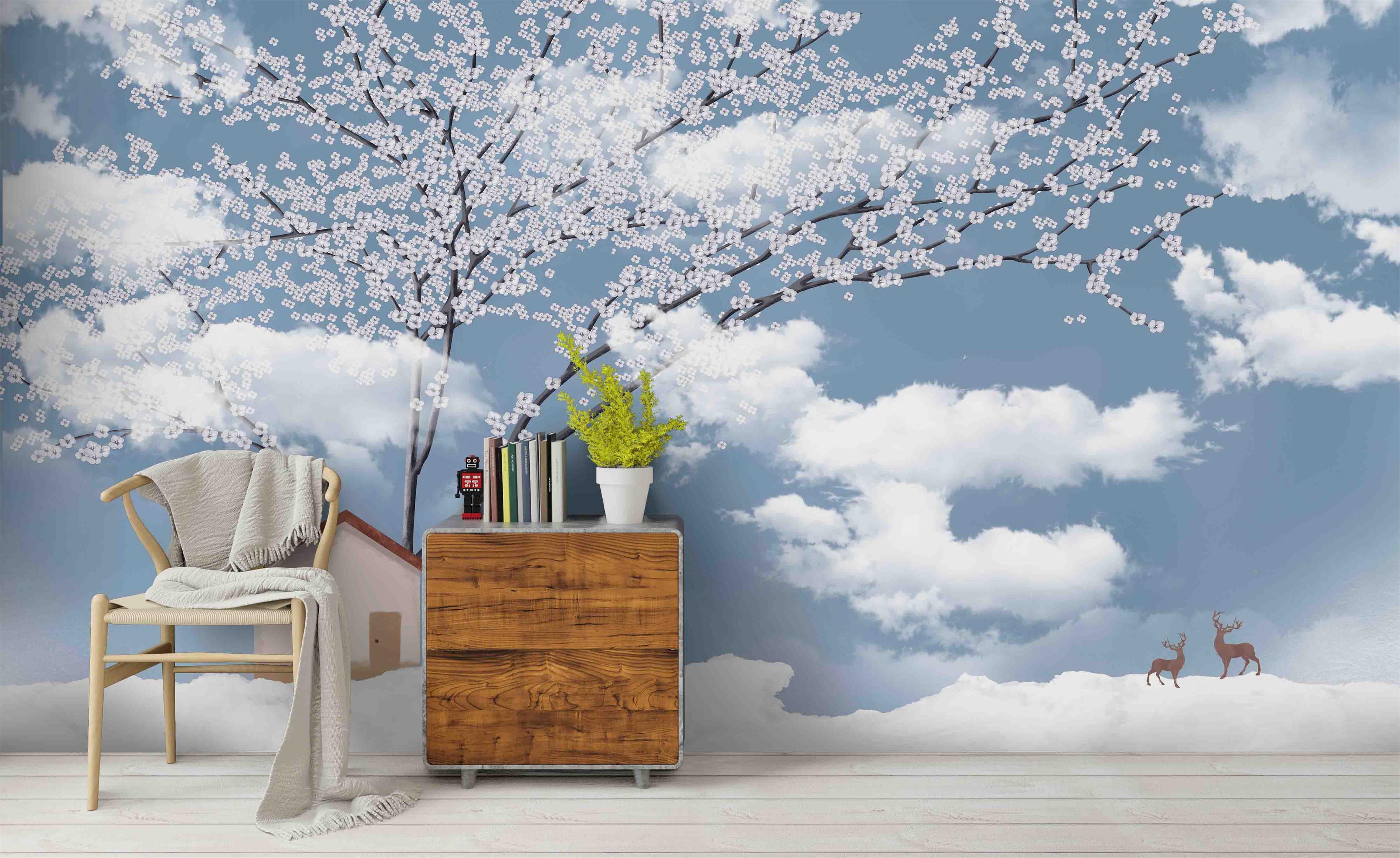 3D Blue Sky White Clouds Tree Wall Mural Wallpaper 42- Jess Art Decoration