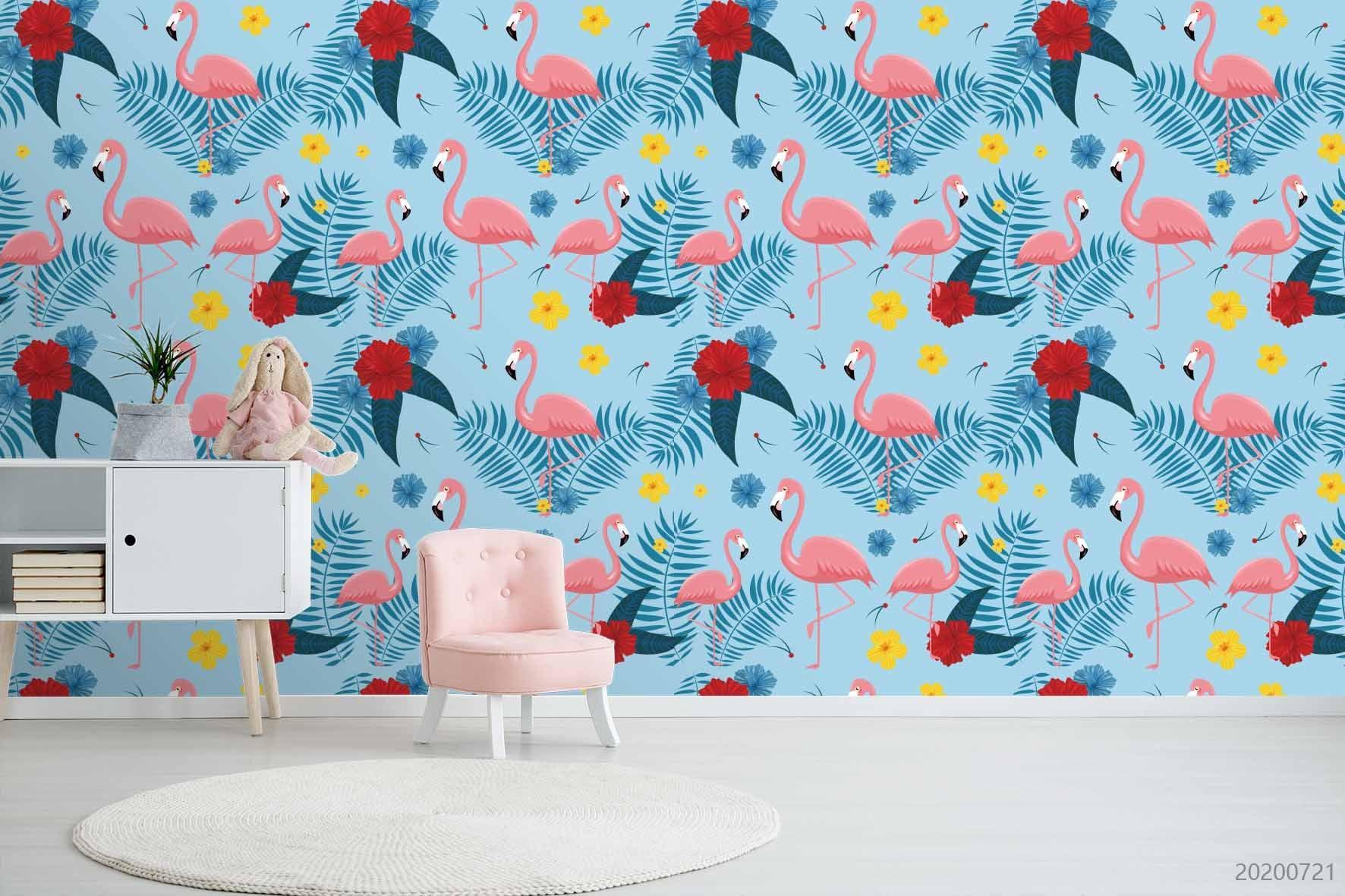 3D Yellow Floral Pink Flamingo Blue Plant Wall Mural Wallpaper LXL 454- Jess Art Decoration