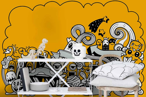 3D Cartoon Graffiti Yellow Wall Mural Wallpaper 51- Jess Art Decoration