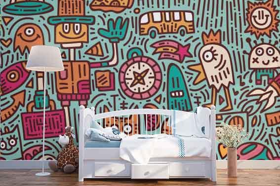 3D Graffiti Fruits Bus Chicken Monster Colorized Wall Mural Wallpaper ZY D75- Jess Art Decoration
