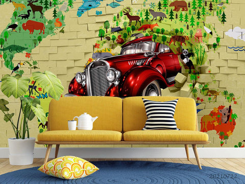 3D Broken Wall Red Car Green Leaf Wall Mural Wallpaper LQH 358- Jess Art Decoration