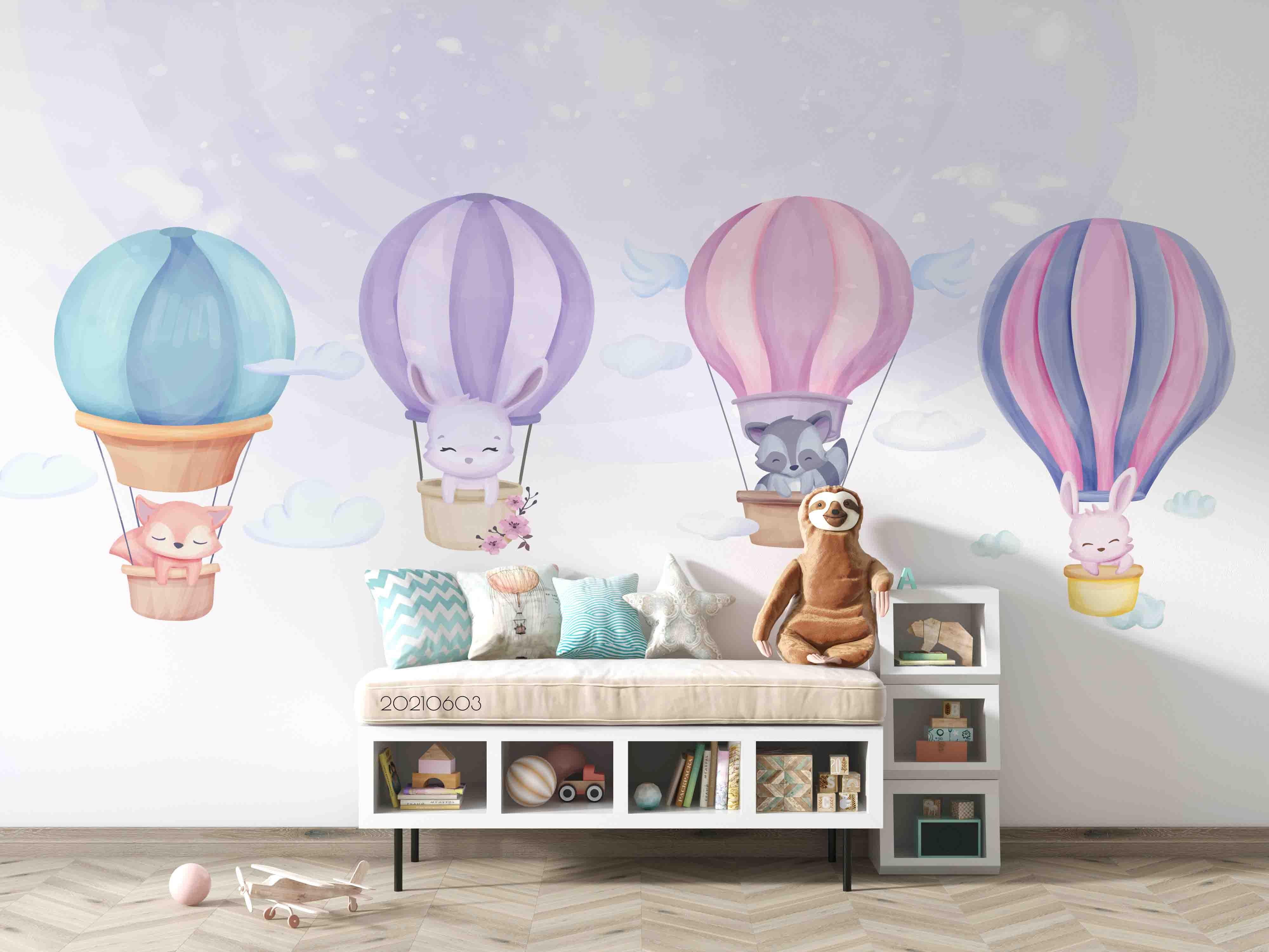 3D Baby  Animal Cute Cartoon Air balloon Wall Mural Wallpaper SWW562- Jess Art Decoration