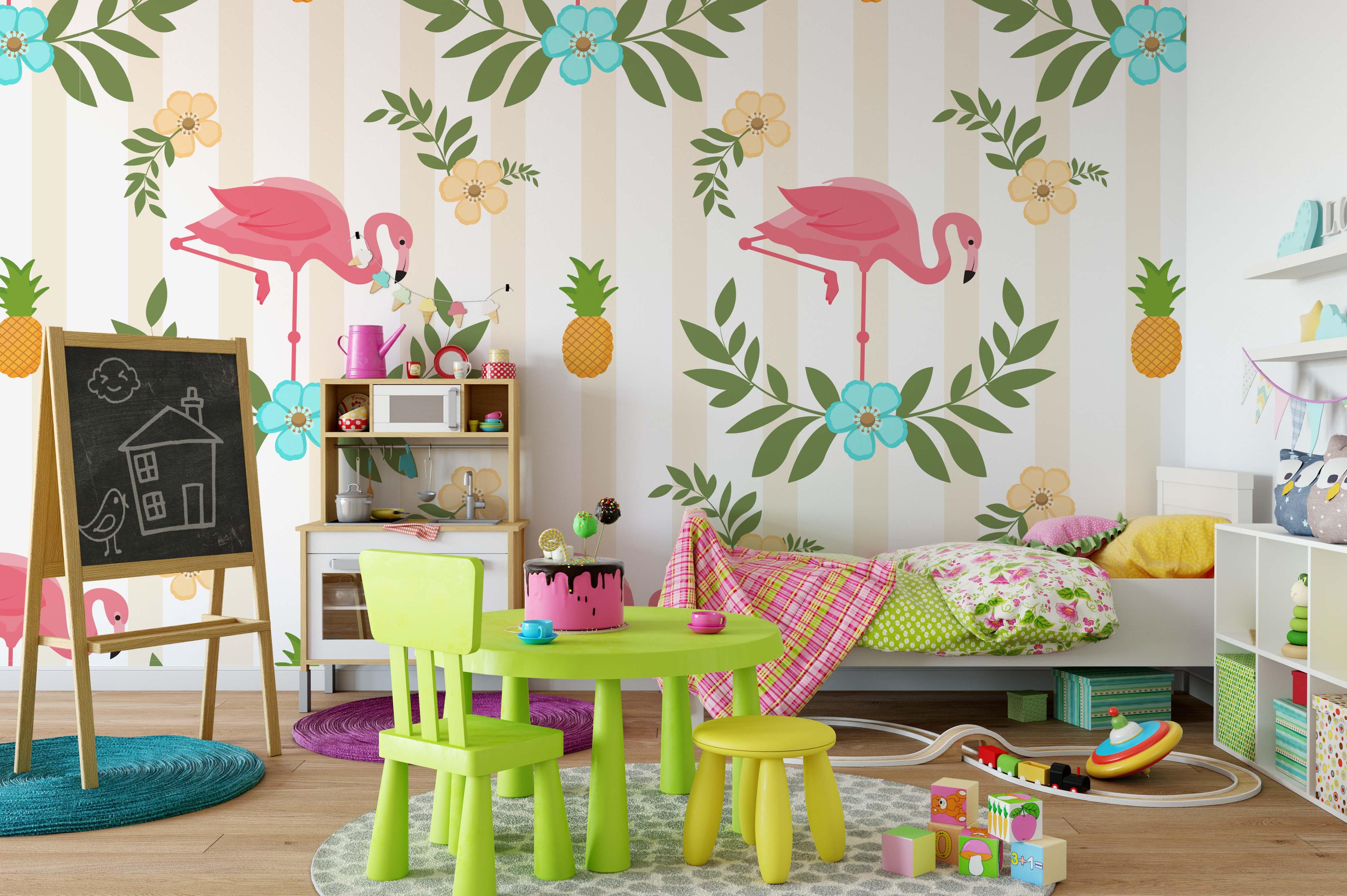 3D Flamingo Pineapple Wall Mural Wallpaper 3- Jess Art Decoration