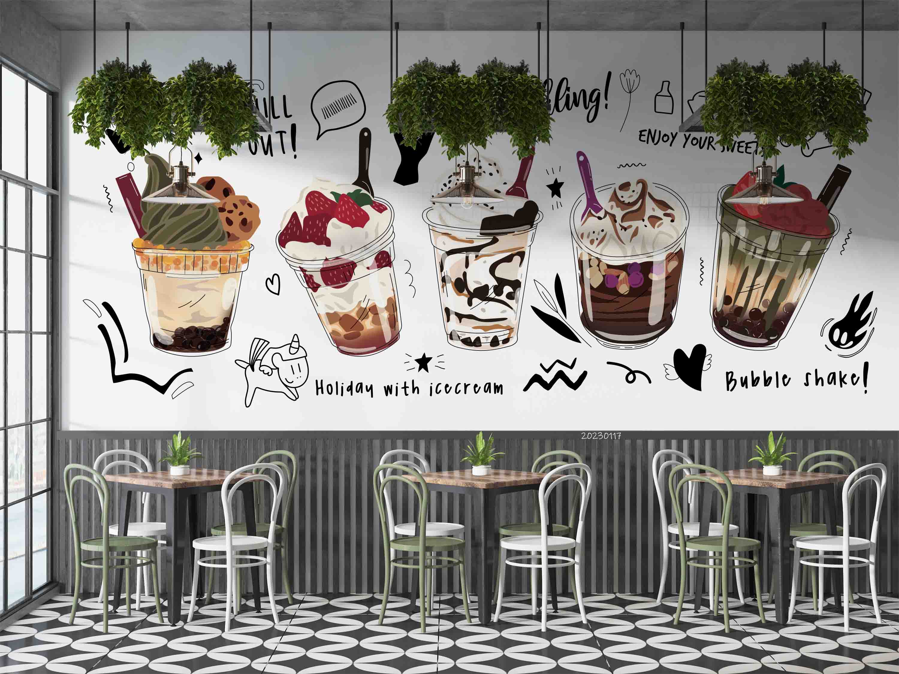 3D Cartoon Ice Cream Bubble Tea Pearl Tea Milk Tea Shop Wall Mural Wallpaper JN 34- Jess Art Decoration