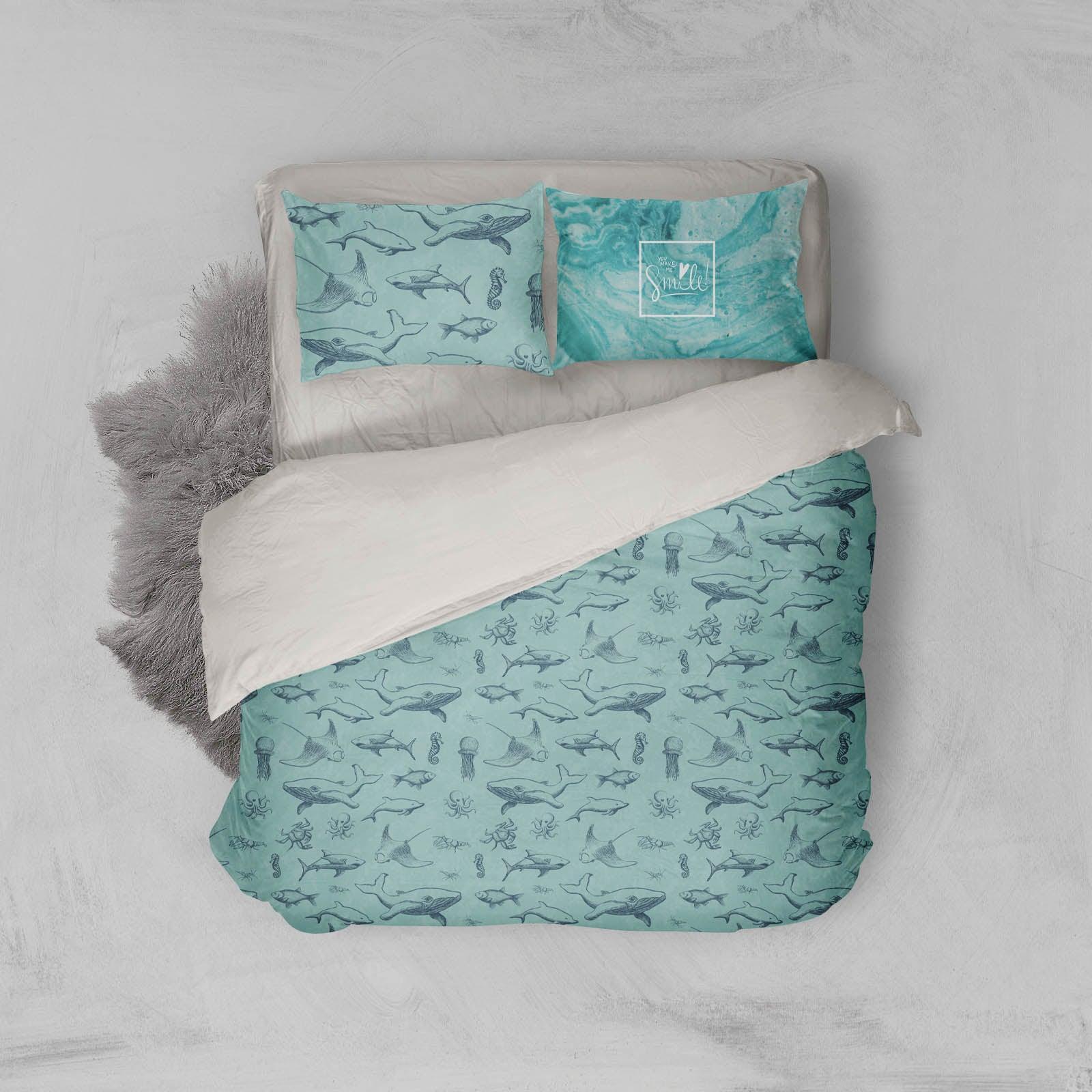 3D Green Shark Octopus Crab Quilt Cover Set Bedding Set Pillowcases 12- Jess Art Decoration